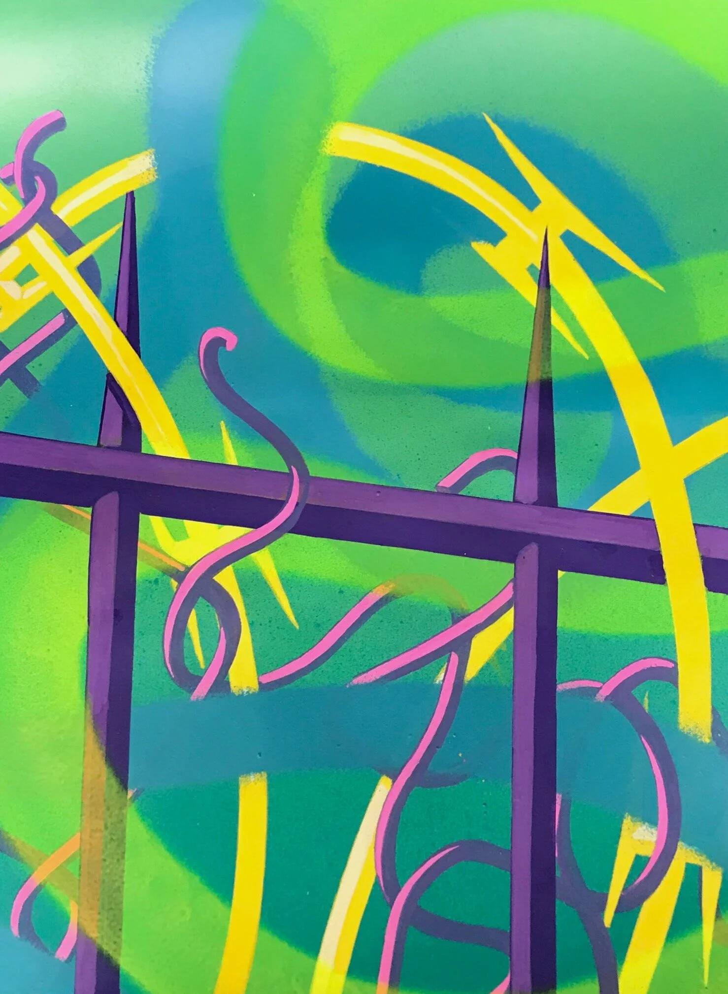 Abstract graffiti art with purple, yellow, pink, and green colors, featuring curved shapes and a grid-like structure.