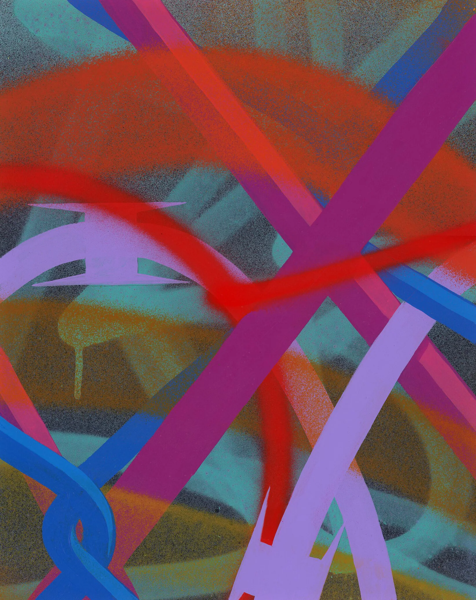 An abstract digital artwork with colorful diagonal and curved lines in hues of purple, red, blue, and orange layered over a textured background.