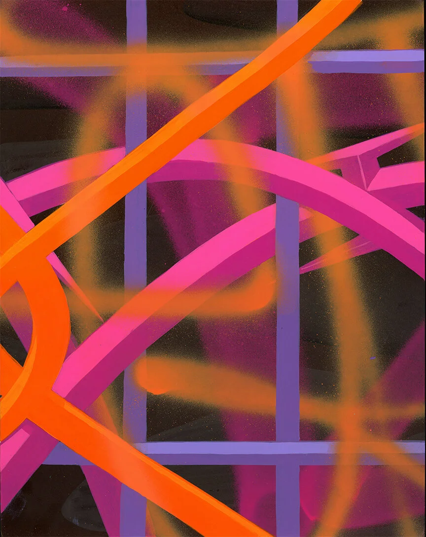 Abstract graffiti art with vibrant pink, purple, orange, and black colors featuring intertwined looping lines and grid-like patterns.