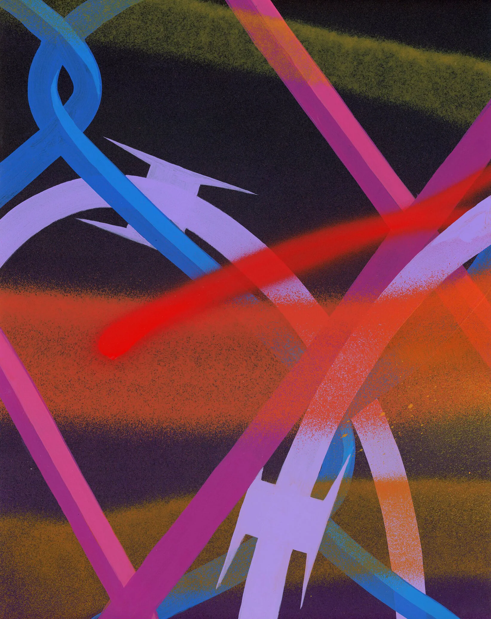 Abstract artwork featuring vibrant pink, blue, purple, and red curved lines over a dark background.