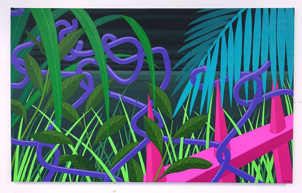 Bright, colorful painting of jungle foliage with green leaves, purple vines, and pink barbed wire against a blue background.