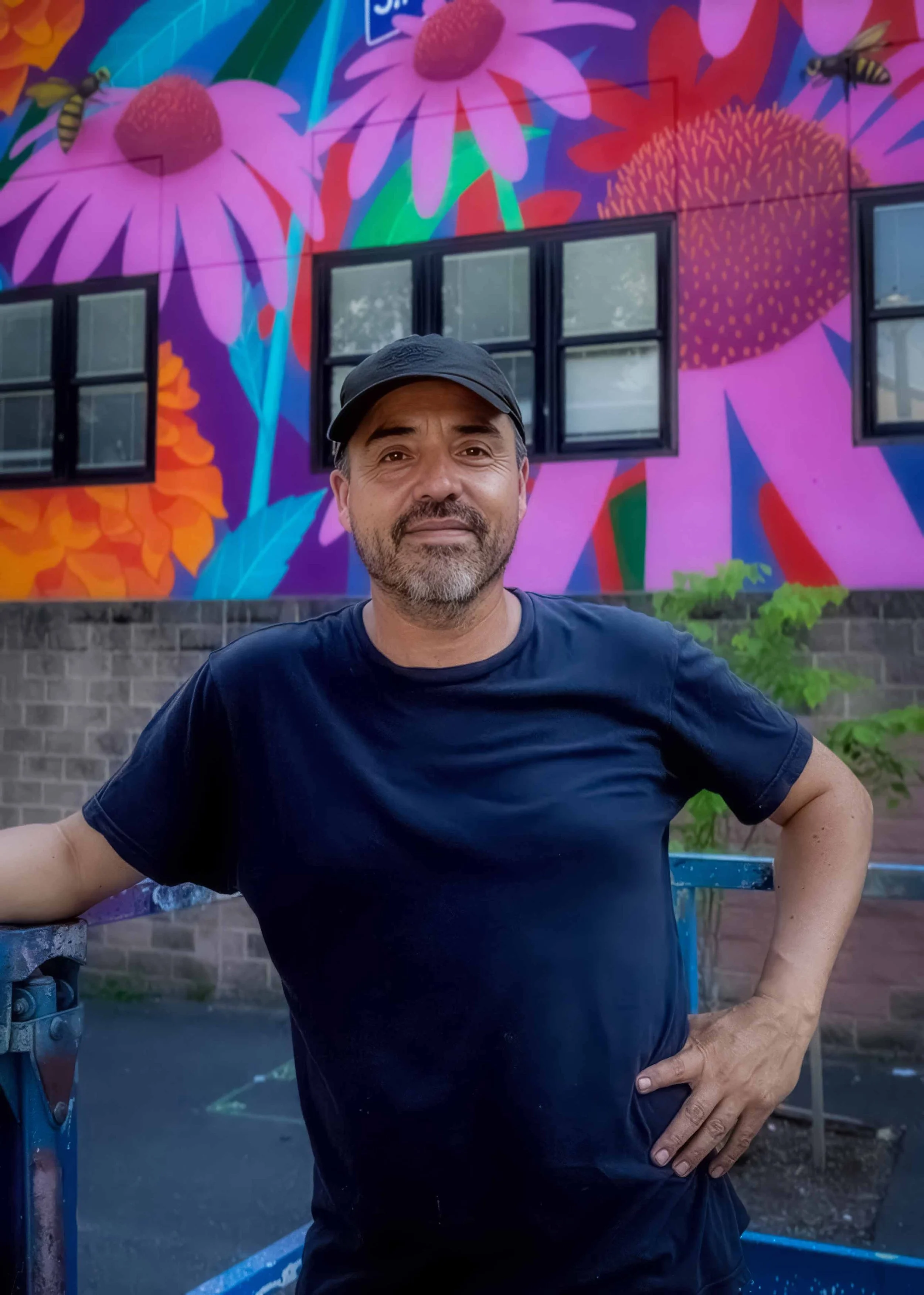 Man standing in front of a colorful mural with flowers and bees, wearing a black cap and t-shirt.
