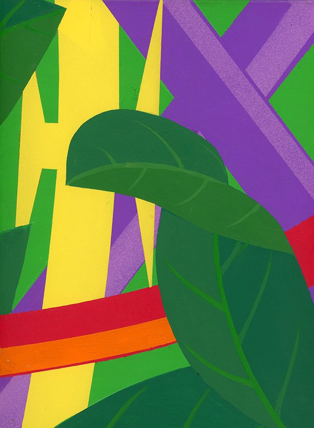 Abstract painting featuring green leaves, colorful geometric shapes, including yellow, purple, red, orange, and green elements.