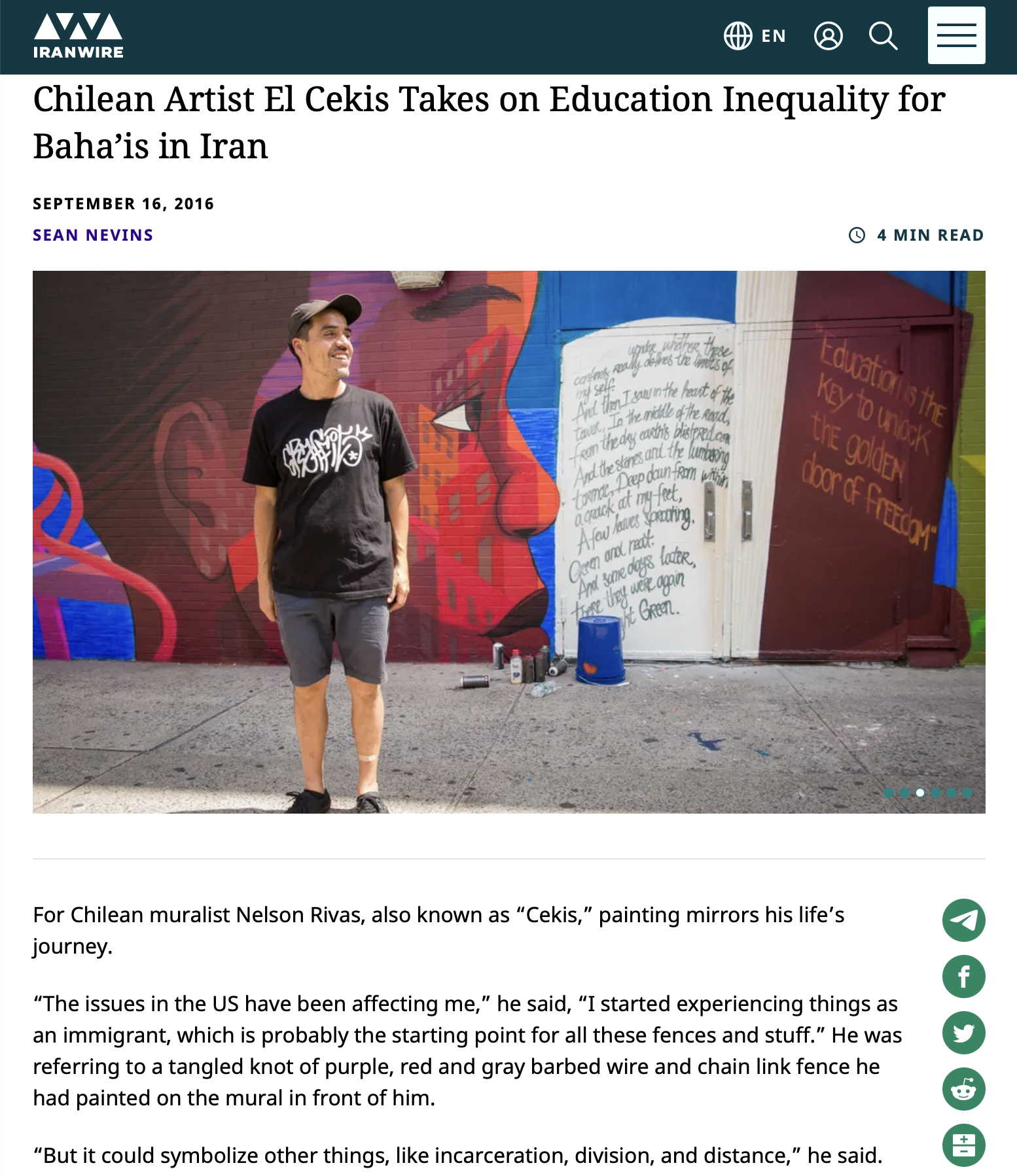 A man standing in front of a colorful mural on a brick wall, painted by Chilean artist Nelson Rivas, known as 'Cekis,' depicting a face and various artistic elements, with spray paint cans and supplies on the sidewalk.