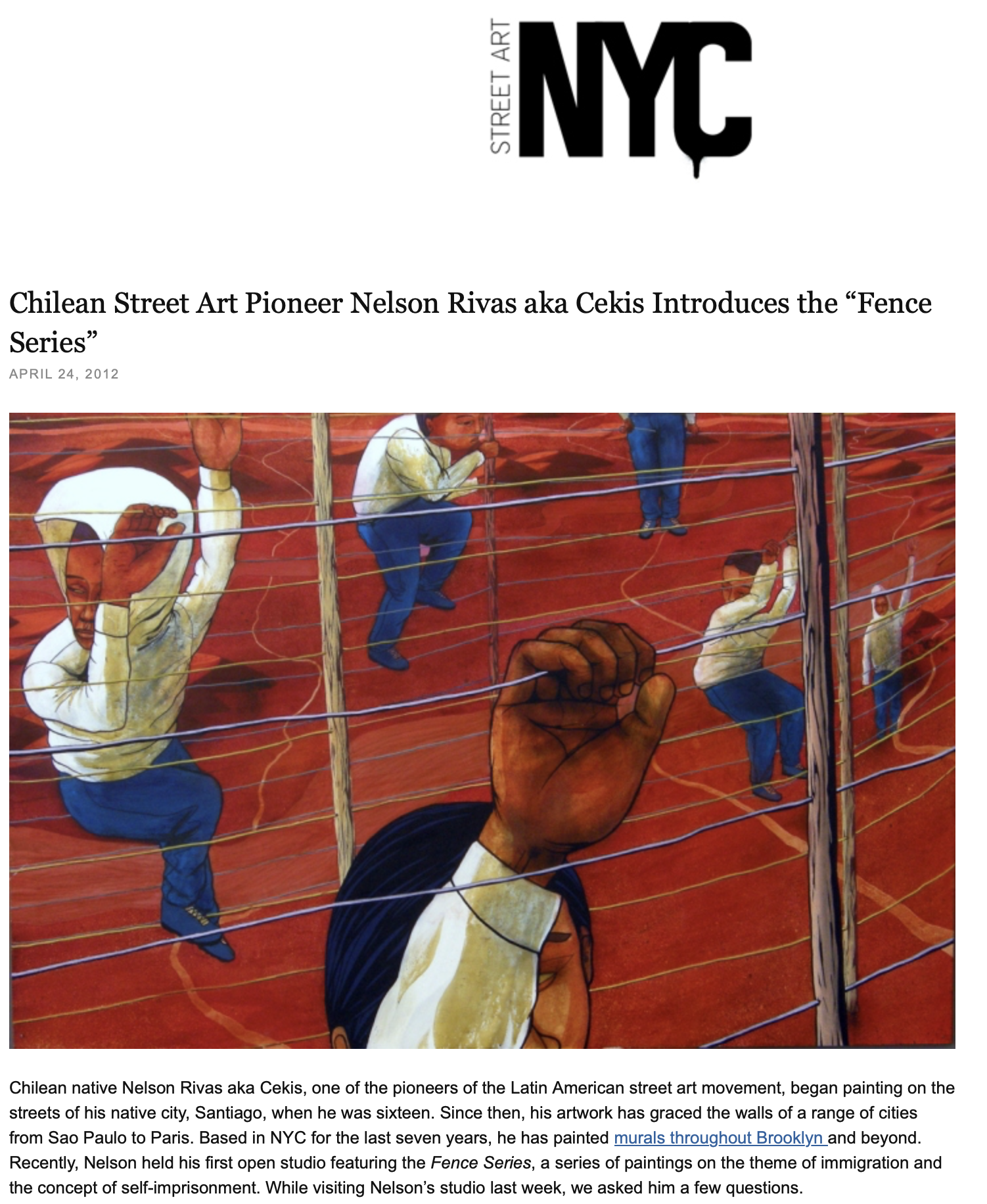 A mural titled 'Fence Series' showing multiple figures behind barbed wire, with a man in a suit raising a clenched fist in front.