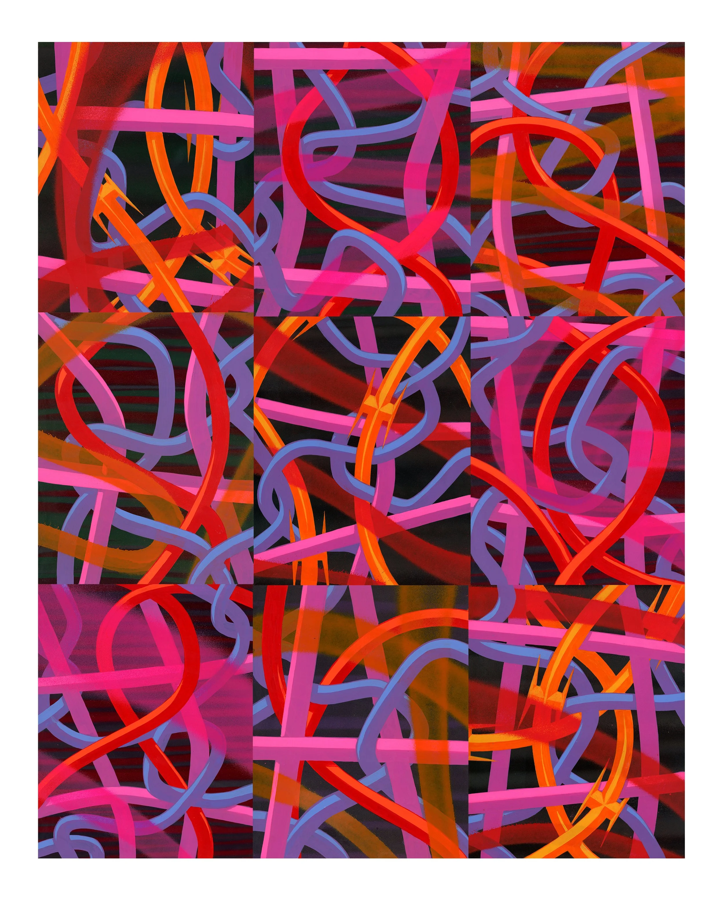 Abstract digital artwork with intertwining neon-colored lines in red, pink, purple, and orange against a dark background.