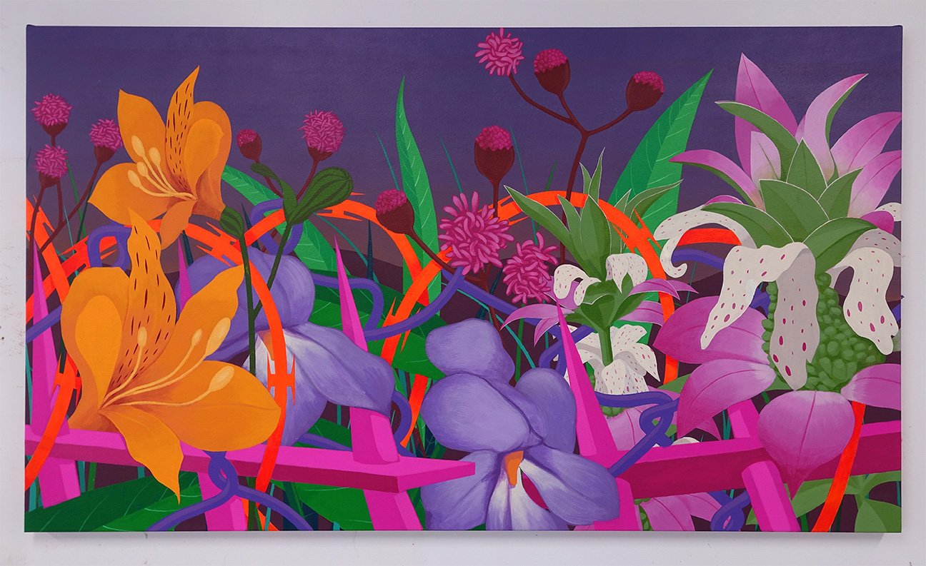 Colorful painting of various flowers, including orange lilies, purple irises, pink and purple flowers, and green leaves with purple and pink accents.