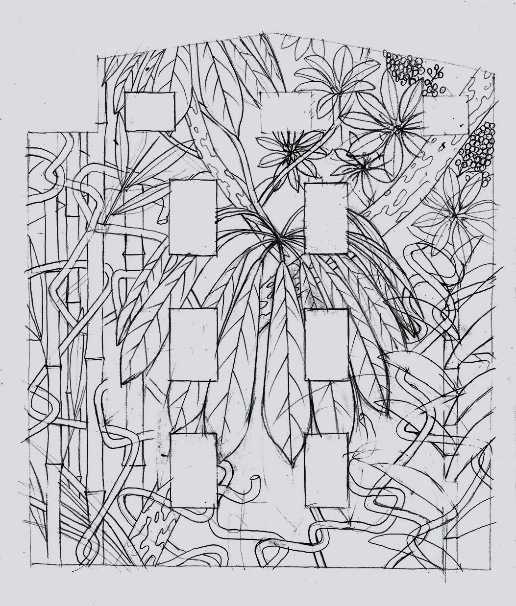 A detailed sketch of a jungle scene with various plants, trees, and vines. There are several rectangular boxes overlaid on the image, possibly for labeling or annotation.