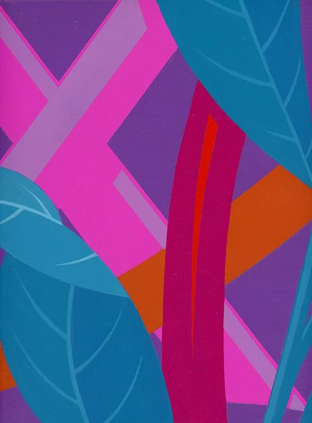Abstract colorful artwork with large blue leaves, pink, purple, red, and orange geometric shapes.