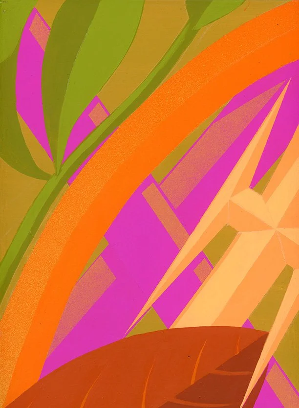 Abstract art with vibrant colors including green, orange, pink, purple, and yellow, featuring geometric shapes and overlapping patterns.