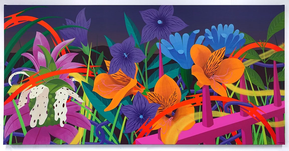 Colorful painting of various vibrant flowers and foliage, including orchids, lilies, and other exotic plants with bright colors and overlapping elements.