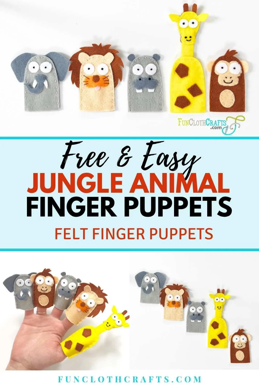 jungle animal finger puppets from felt with free pattern, elephant, lion, rhino, giraffe, monkey