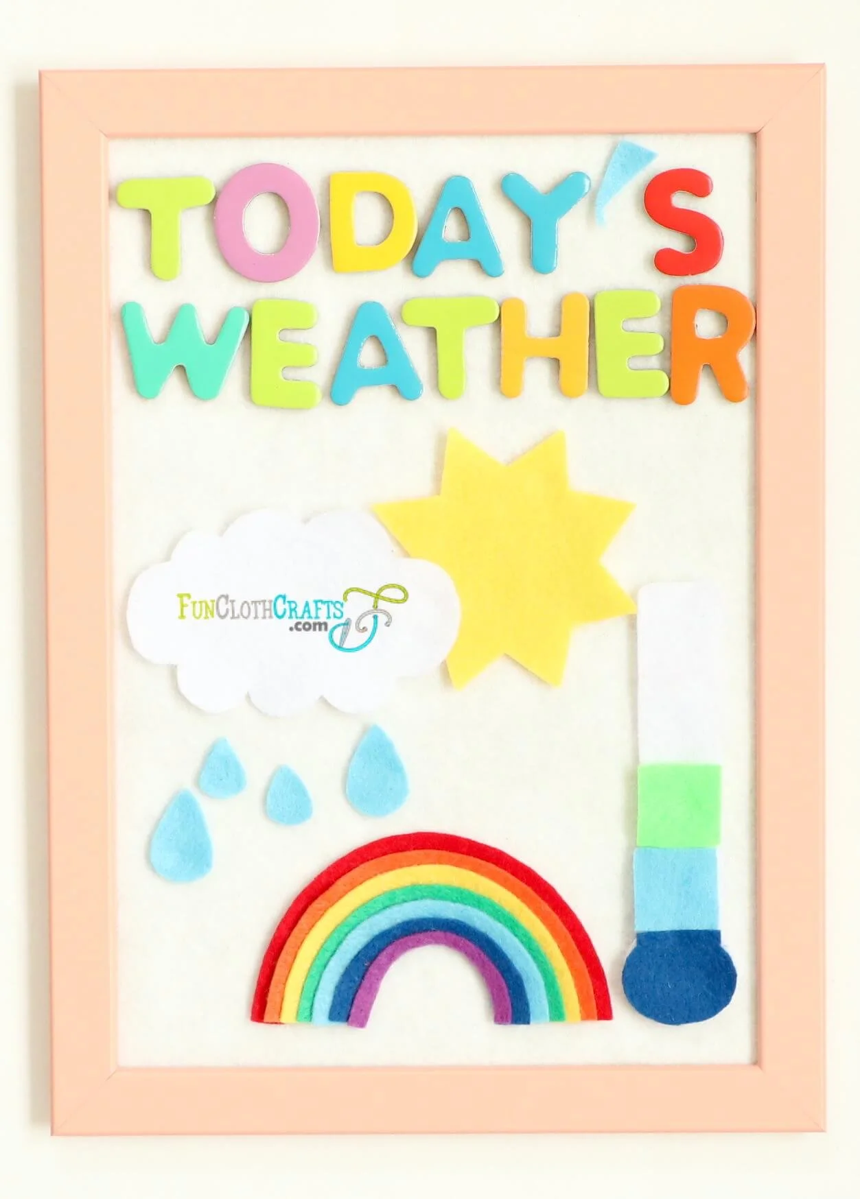 learning today's weather with felt board and showing felt weather shapes of cloud, raindrops, sun, rainbow