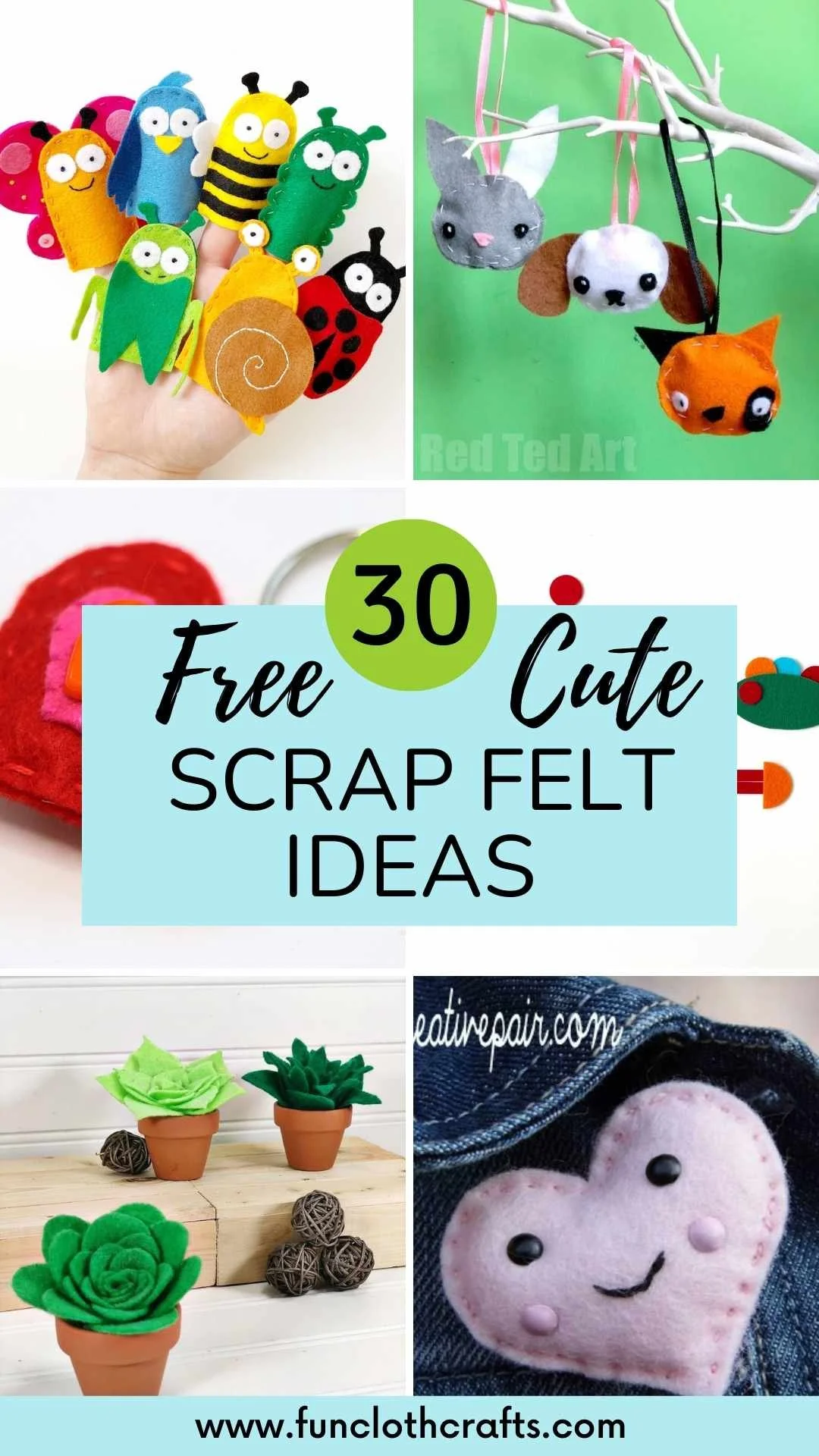 a collection of 6 images of scrap felt idea project, felt animal ornaments, garden animal finger puppets, felt heart brooch, felt succulents