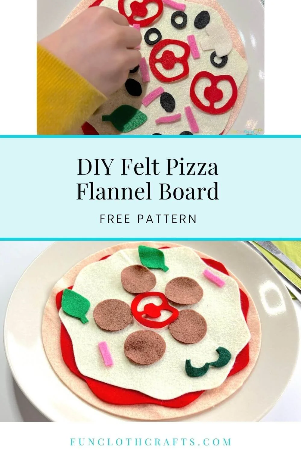 DIY felt pizza flannel board, a kid hand playing with the felt pizza and felt pizza with toppings on a plate
