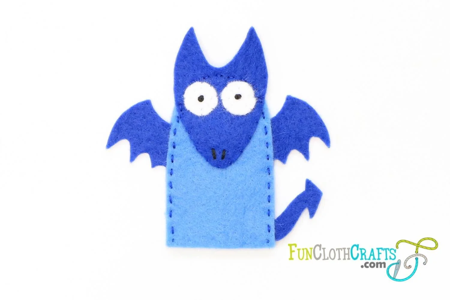 blue felt dragon finger puppets, hand sewing project