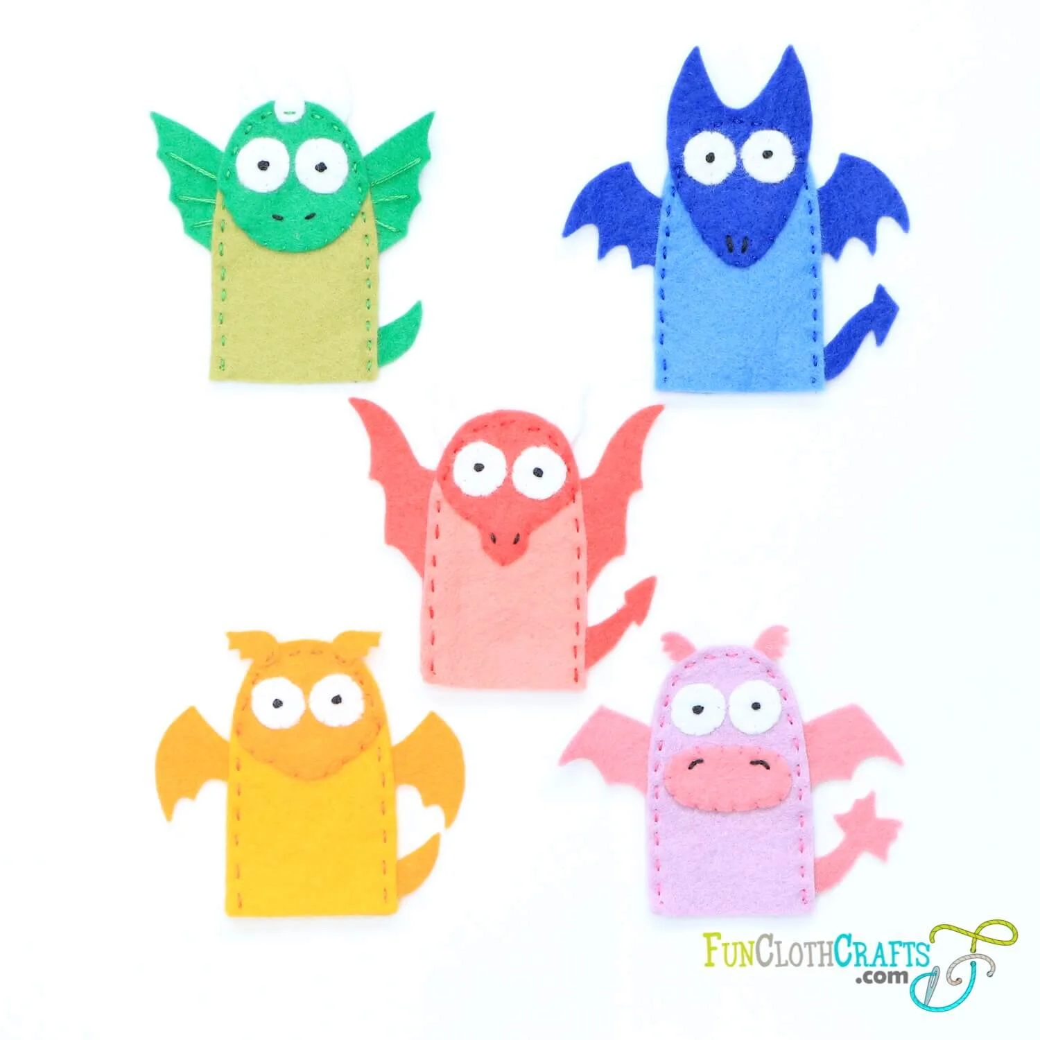 five colorful dragon finger puppets, hand sewing project from felt