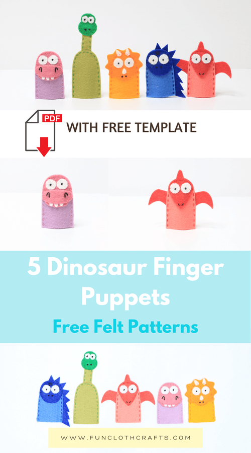 5 Dinosaur Felt Finger Puppets (PDF Pattern) | Fun Cloth Crafts - Felt ...