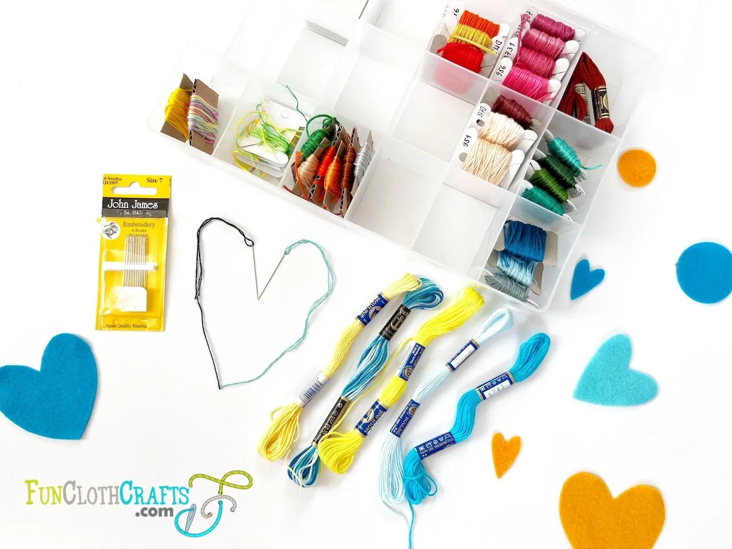 Felt crafts are an affordable hobby. You only need felt and three simple tools:
&bull; needle
&bull; thread
&bull; scissors

I use embroidery needles (John James is a good brand),
embroidery floss or thread (DMC works best for me),
and sharp scissors