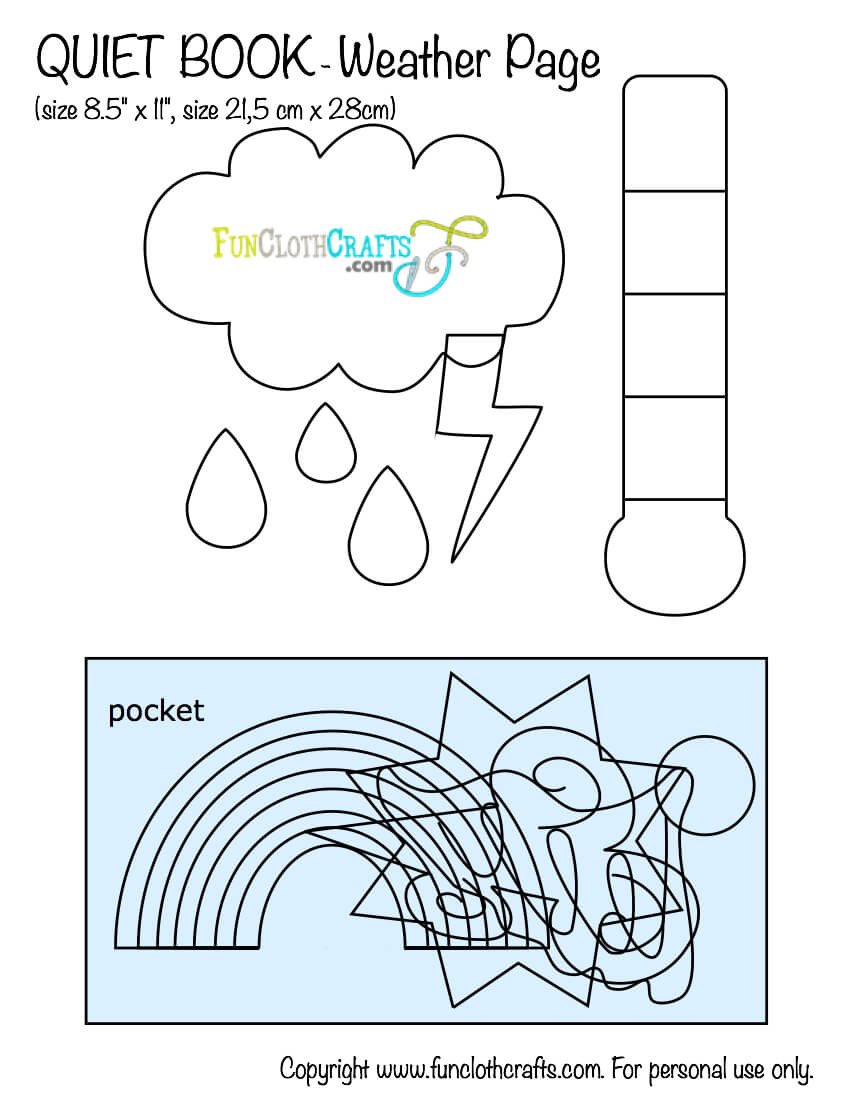 felt weather symbols template for quiet books showing cloud, lighting, raindrops, rainbow