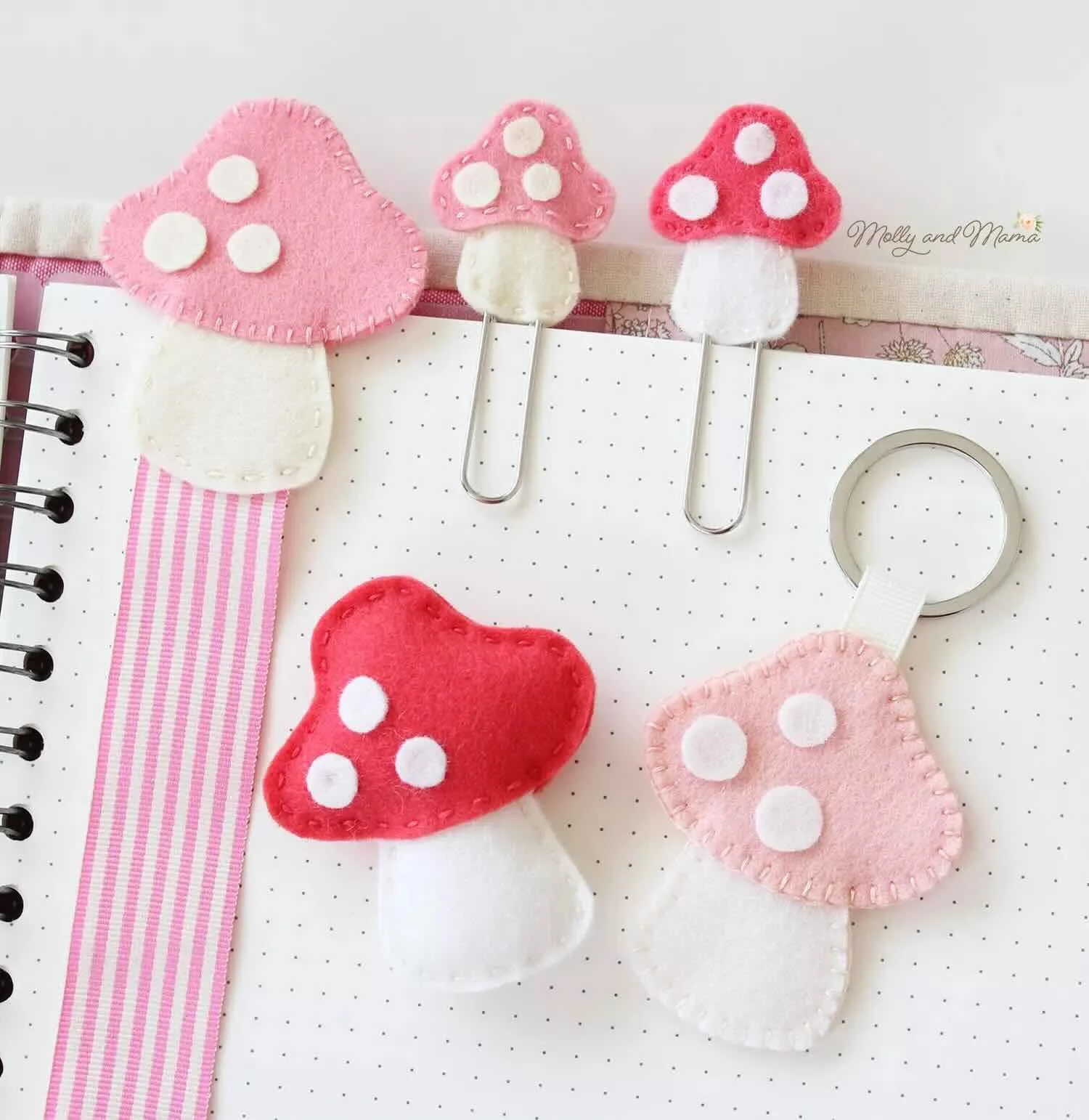 felt mushrooms bookmark, felt mushroom clips, felt mushrrom keychains, easy felt projects from felt scraps