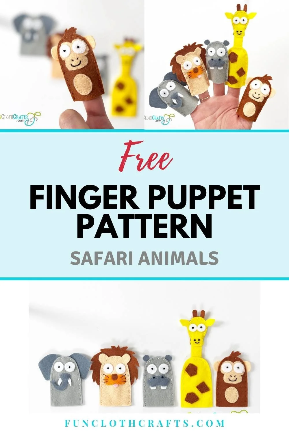 Safari animals felt finger puppets with free pattern, make your lion, elephant, monkey, giraffem rhino finger puppets