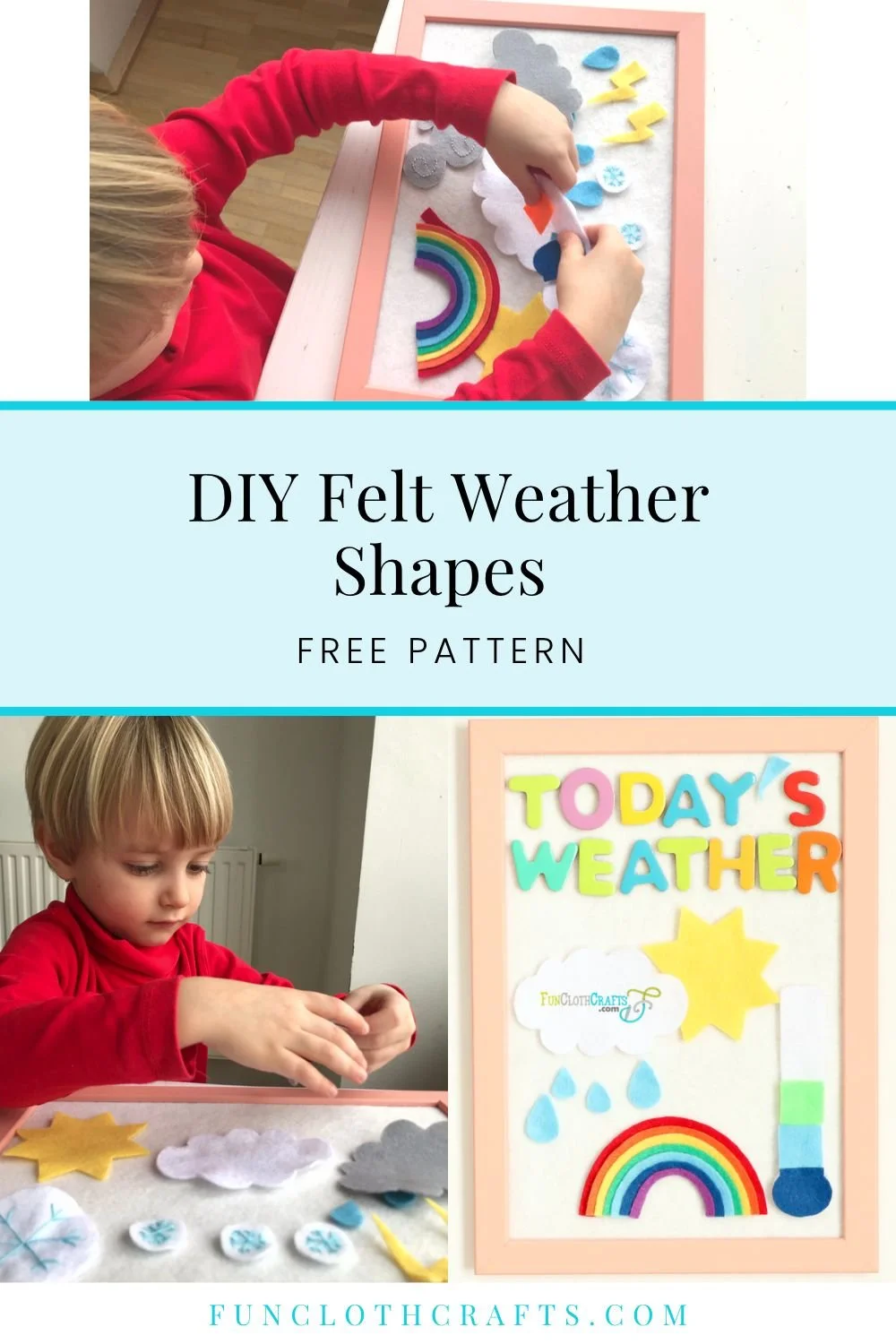 a boy playing with DIY weather felt board on a table having felt shapes as rainbow, lighting, sun, snowflakes
