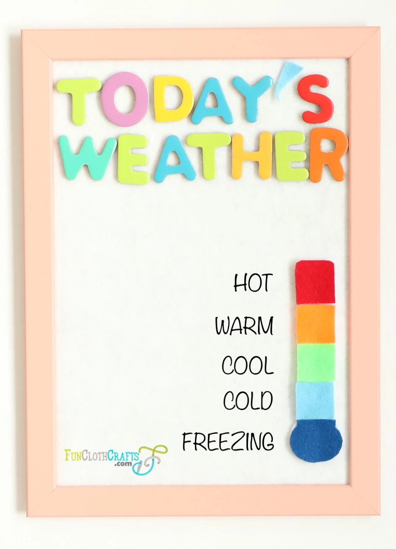 weather feltboard with thermometer showing temperature from hot to cold by color