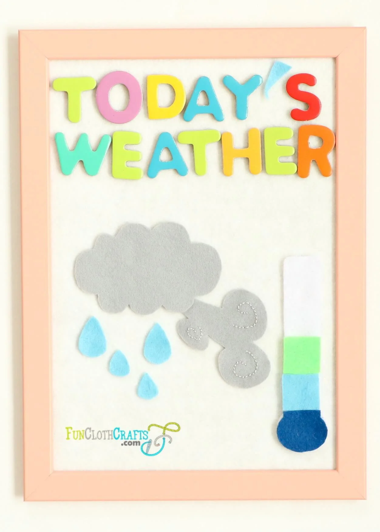 felt weather board with a sign Today's Weather and felt shapes of cloud, wind, rain drops and thermometer