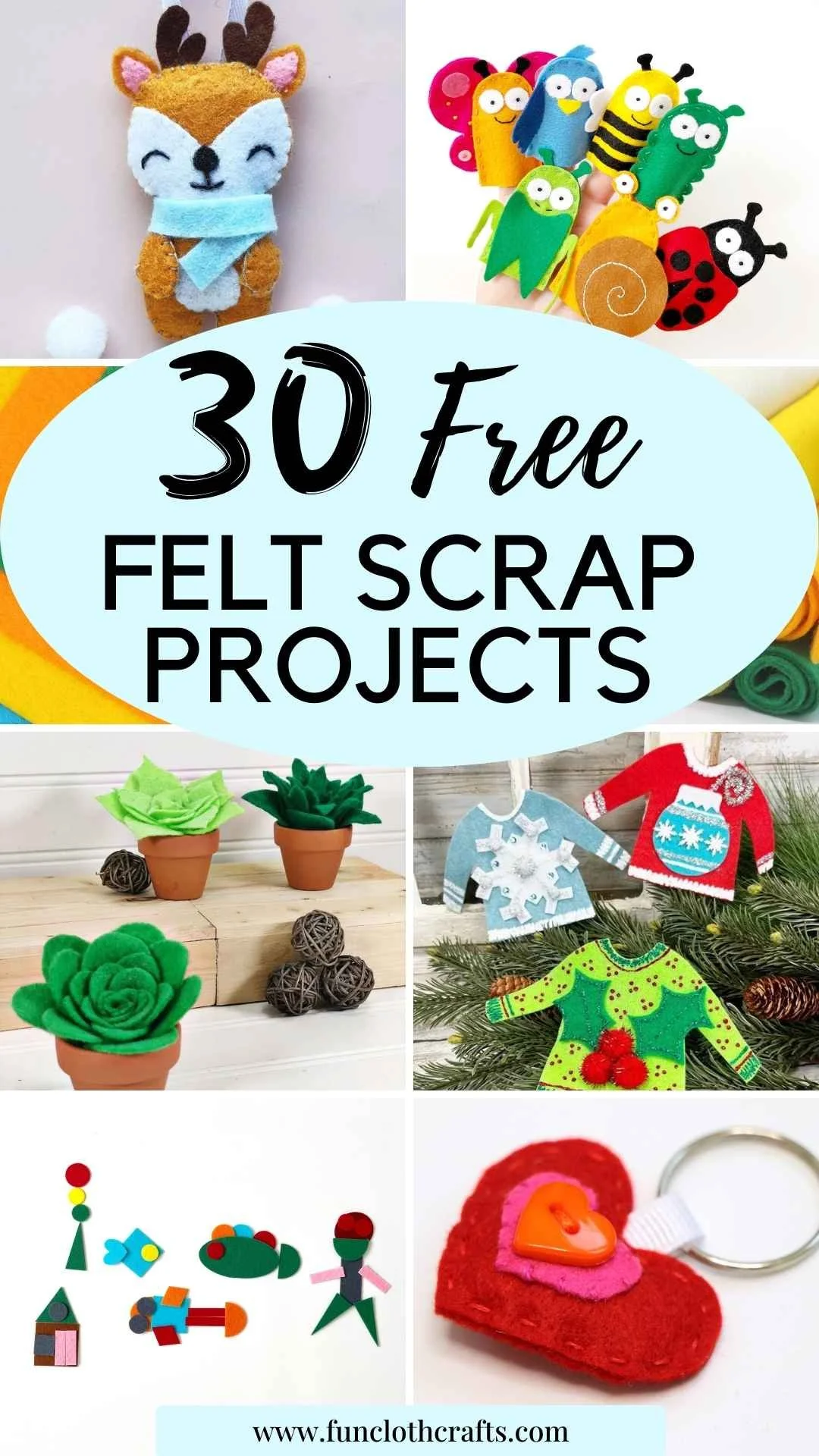 a collection of different felt scrap projects, felt reindeer, garden animal finger puppets, succulents from felt, felt heart, felt board with shapes and felt ugly sweater ornaments