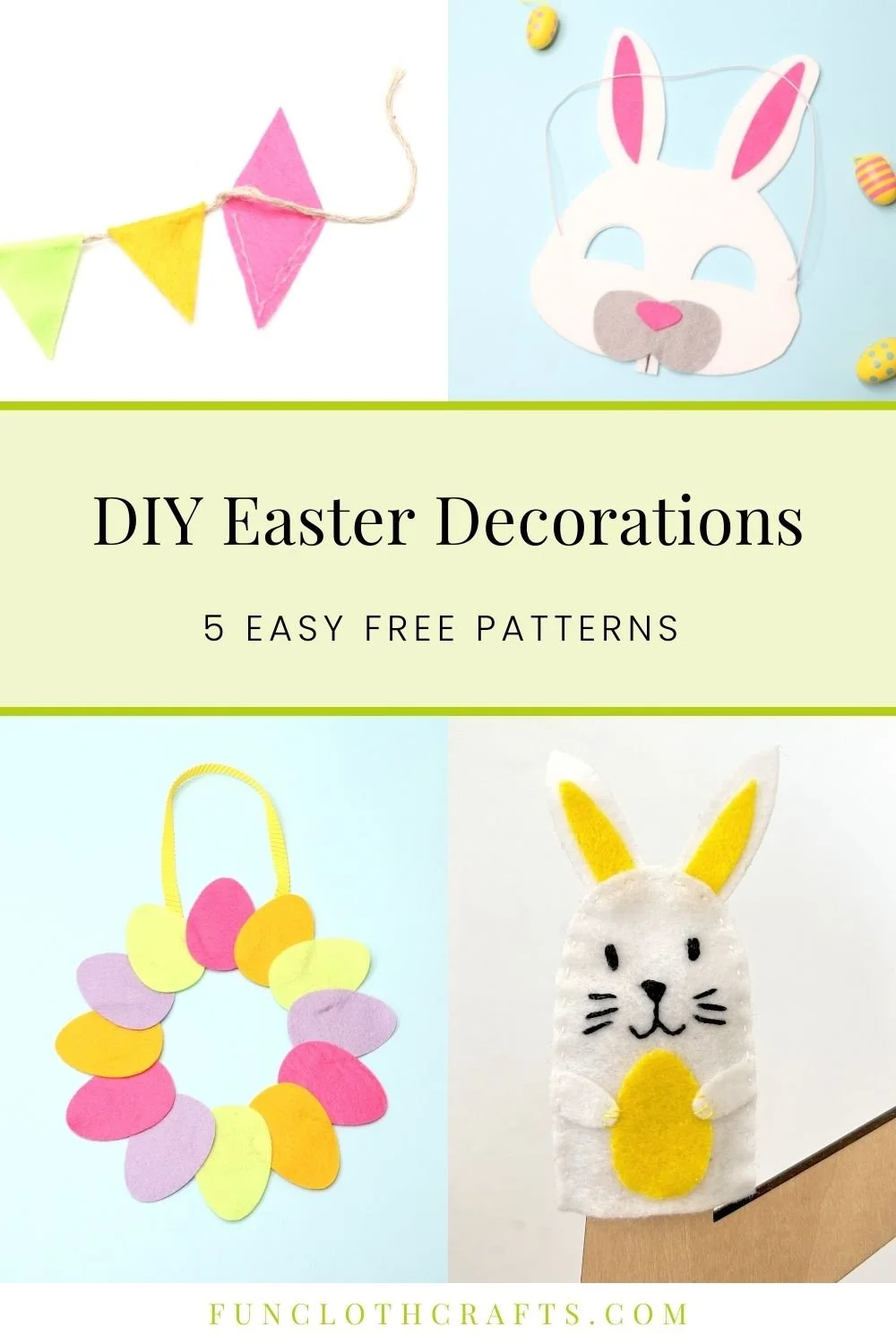 Felt easter decorations with colorful tiny felt banner, felt bunny mask, felt agg wreath and bunny finger puppet