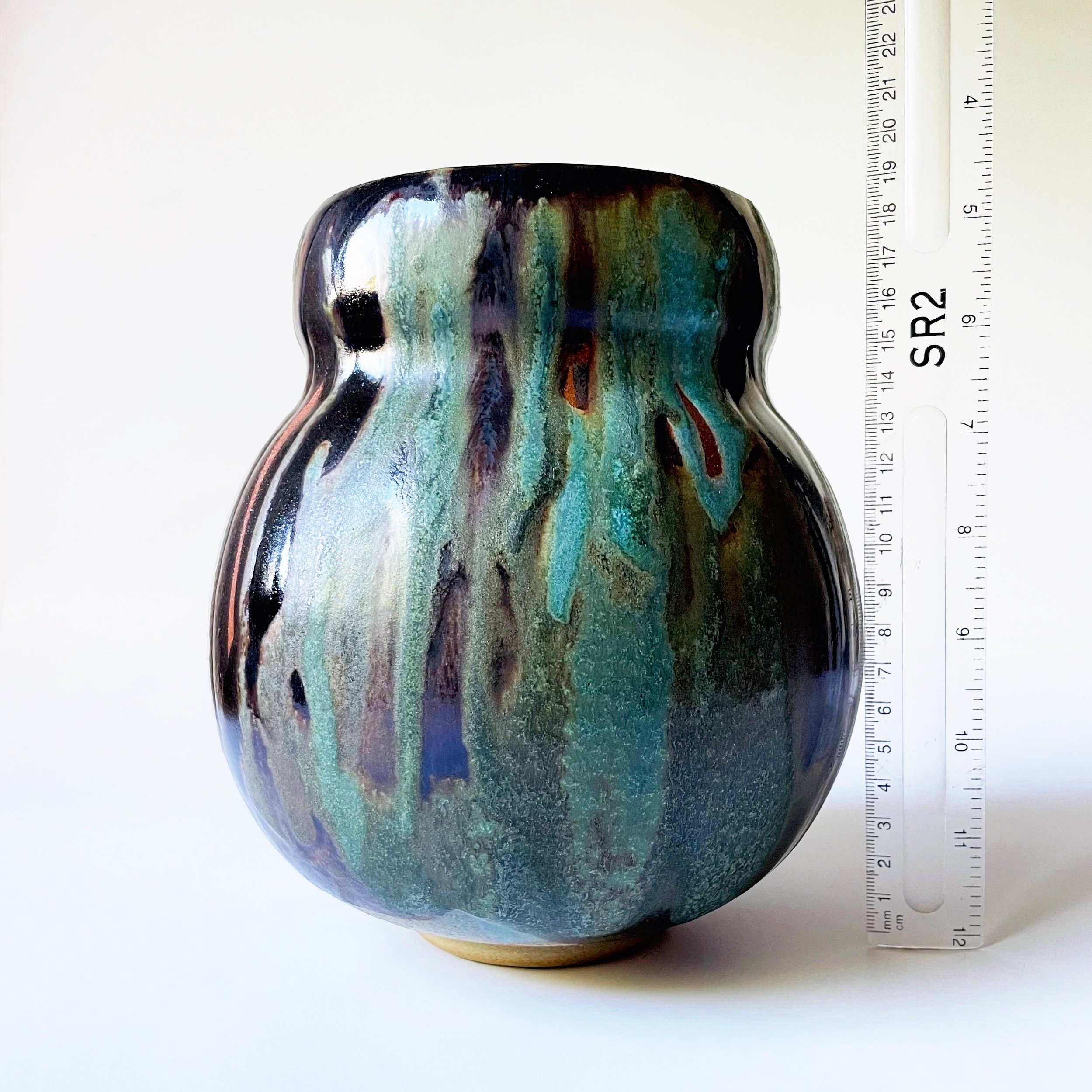 Hand thrown stoneware belly vase in tenmoku and turquoise 1