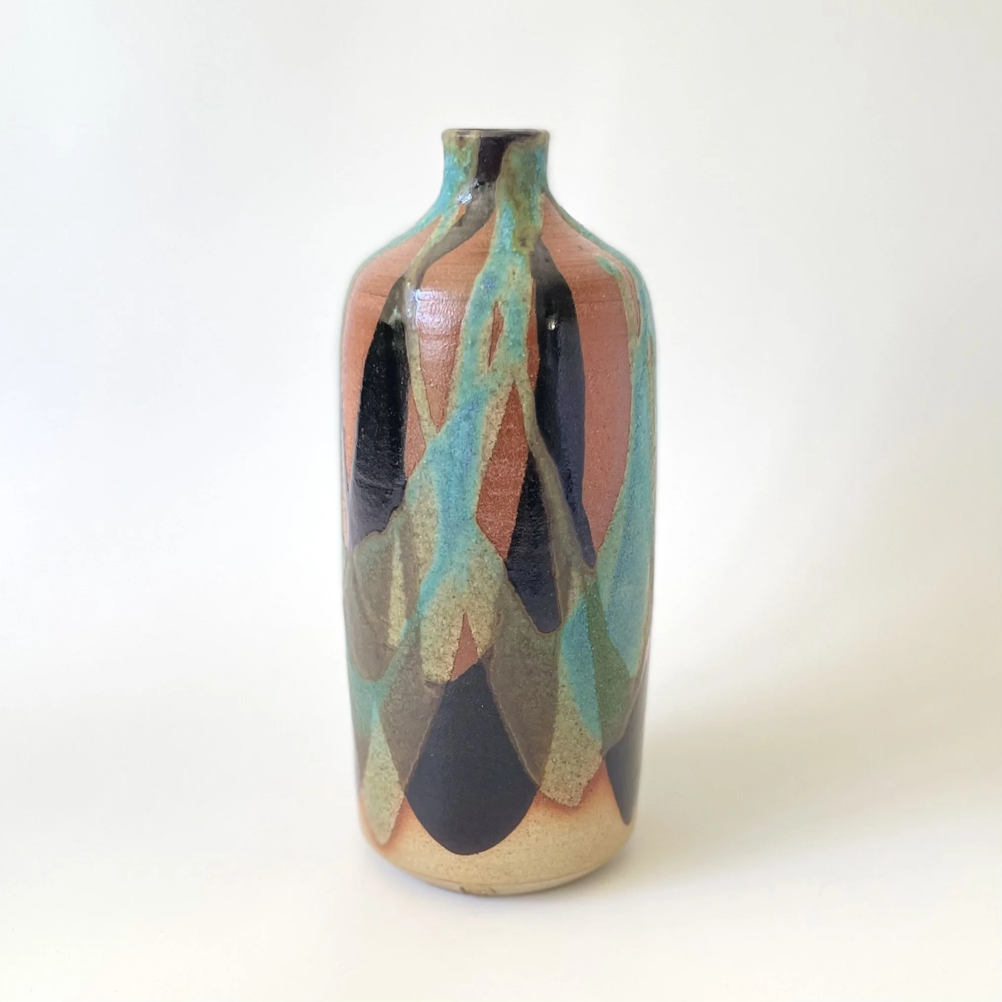 Stoneware bottle vase in tenmoku and turquoise 1