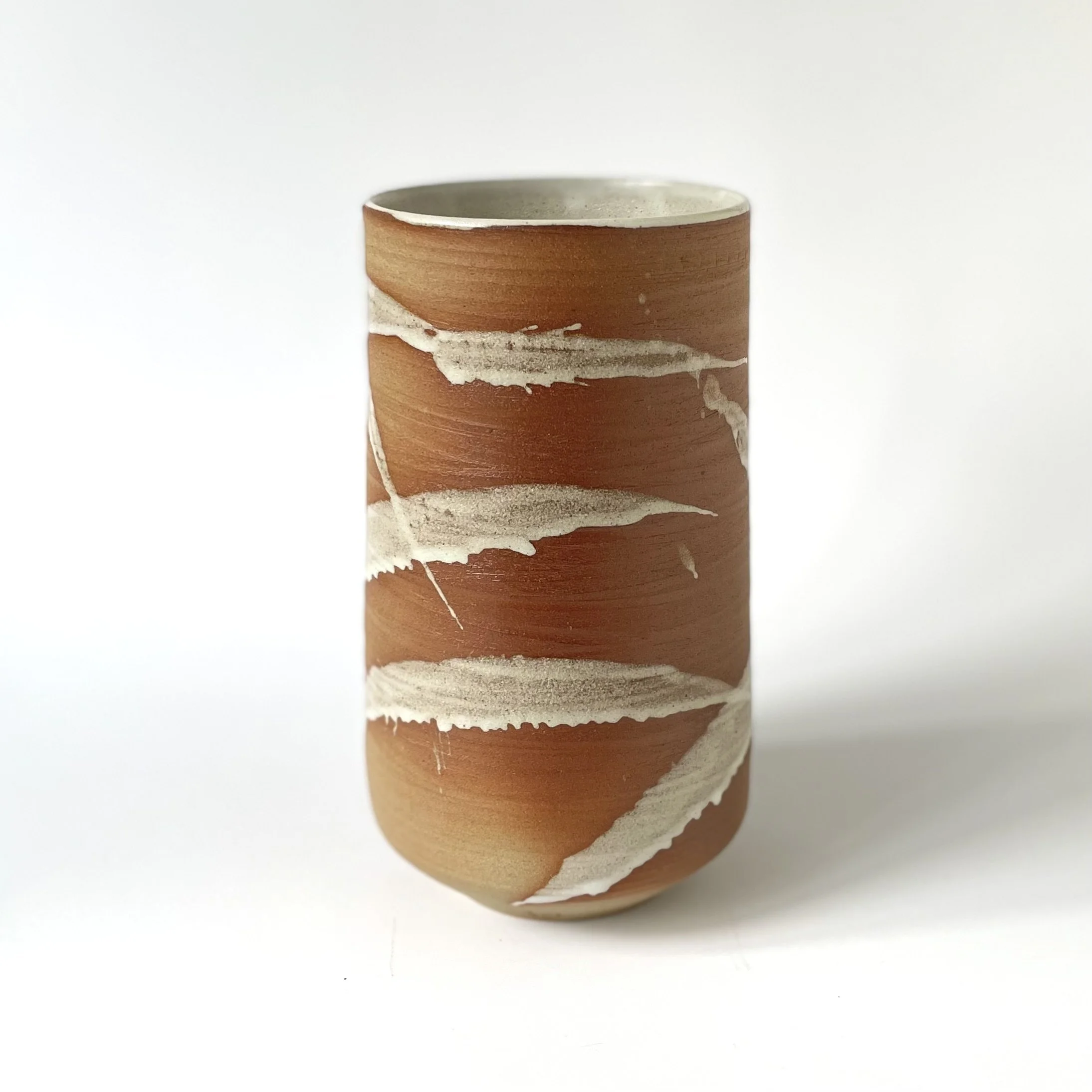Stoneware vase with white  bamboo mark making design 1