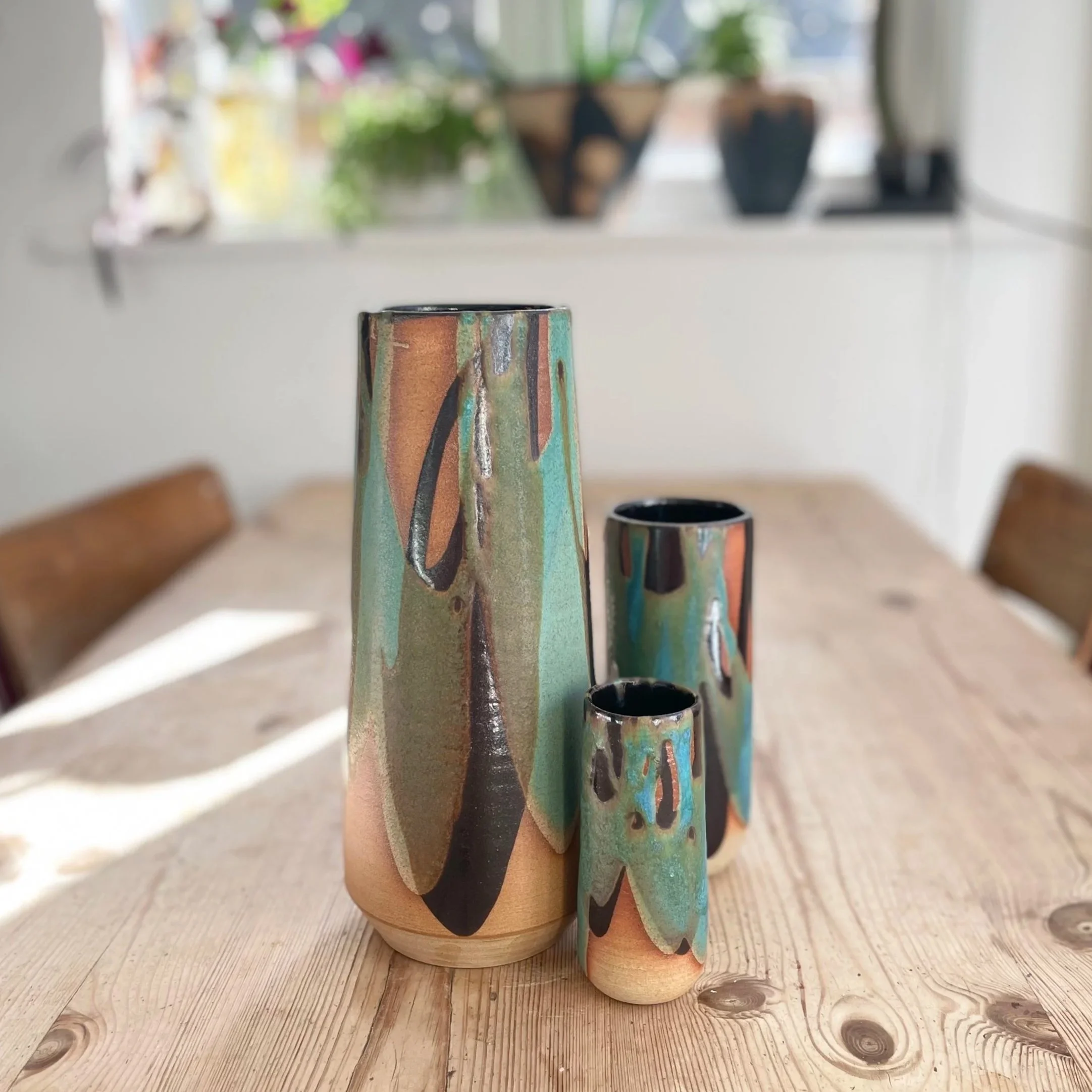 Large statement stoneware vase glazed in tenmoku and turquoise 5