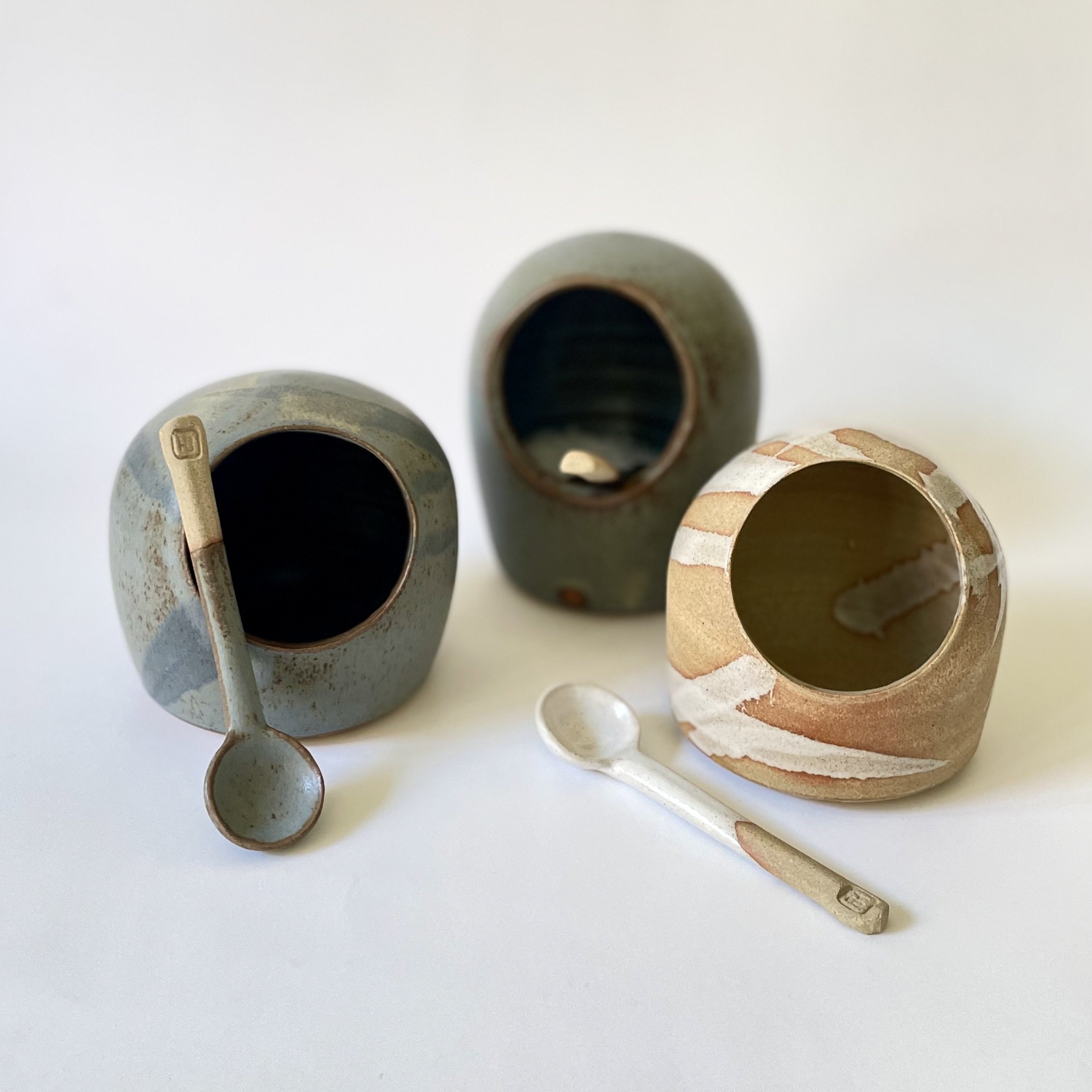 Stoneware salt pigs and spoons glazed in granite 2