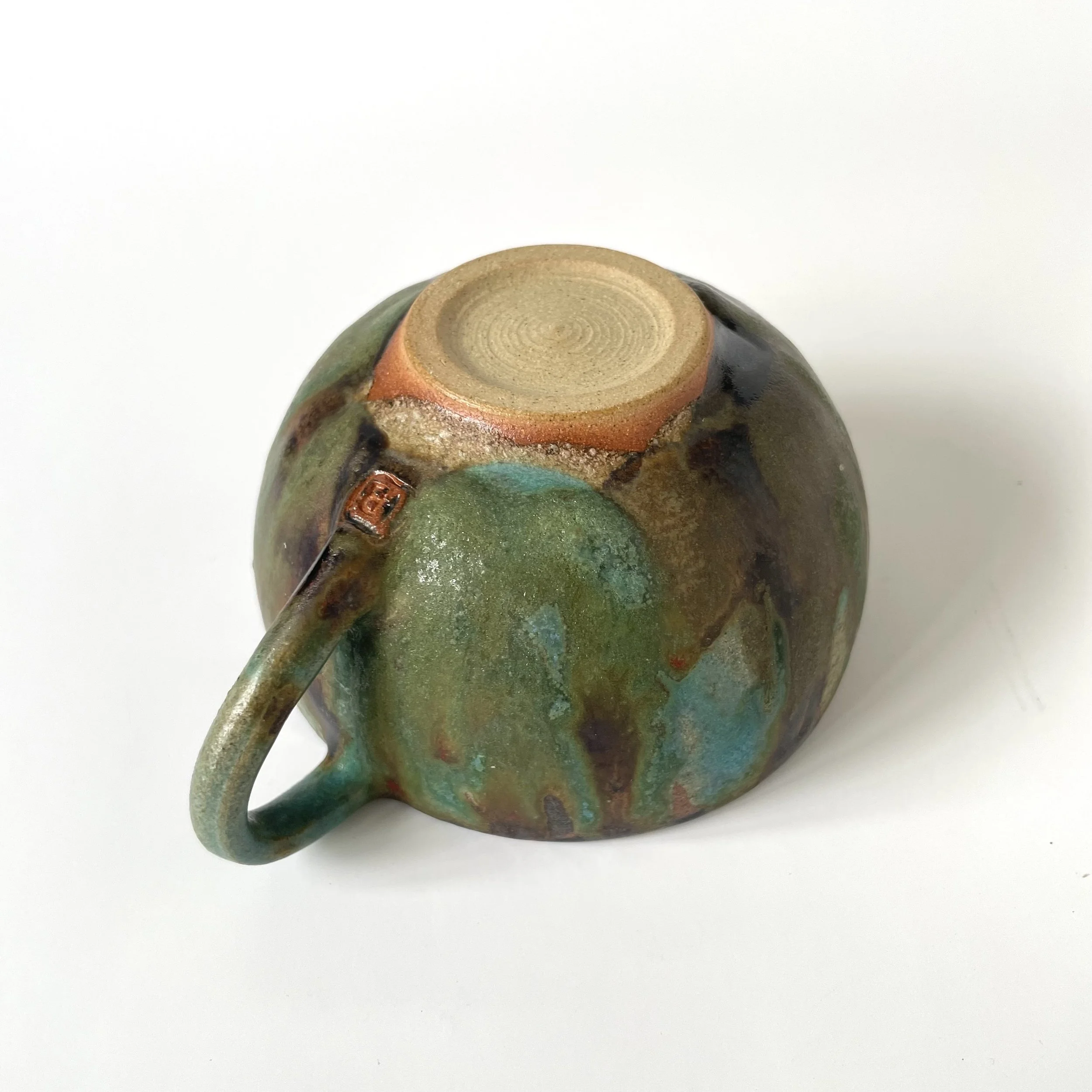 Tenmoku and turquoise stoneware hand thrown pottery cup 4