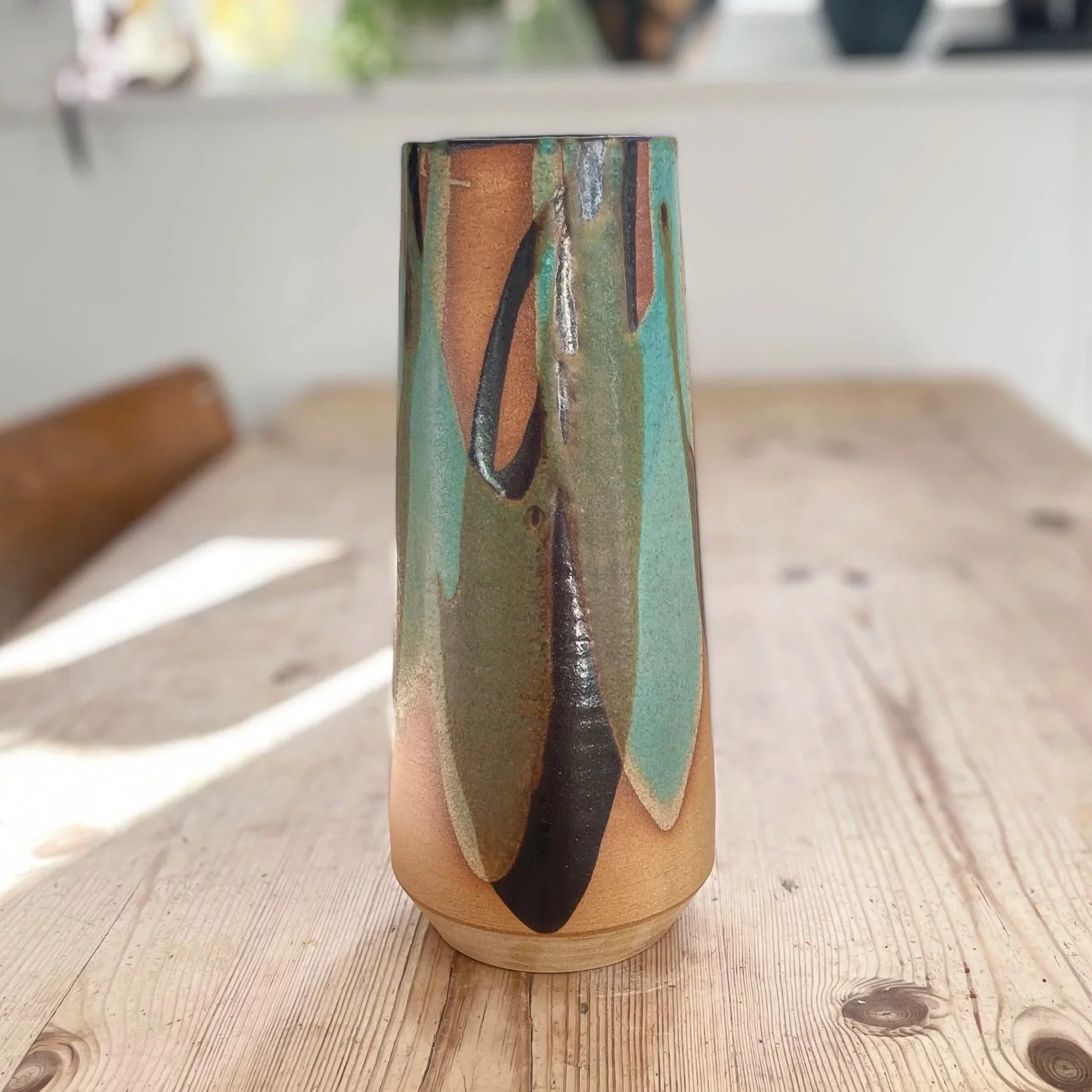 Large statement stoneware vase glazed in tenmoku and turquoise 4