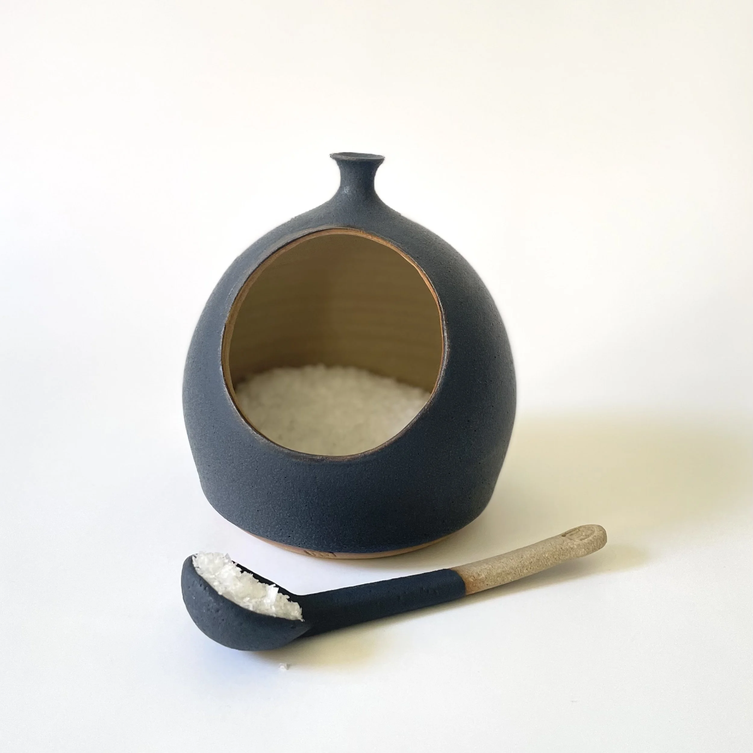 Hand thrown stoneware salt pig and spoon 1