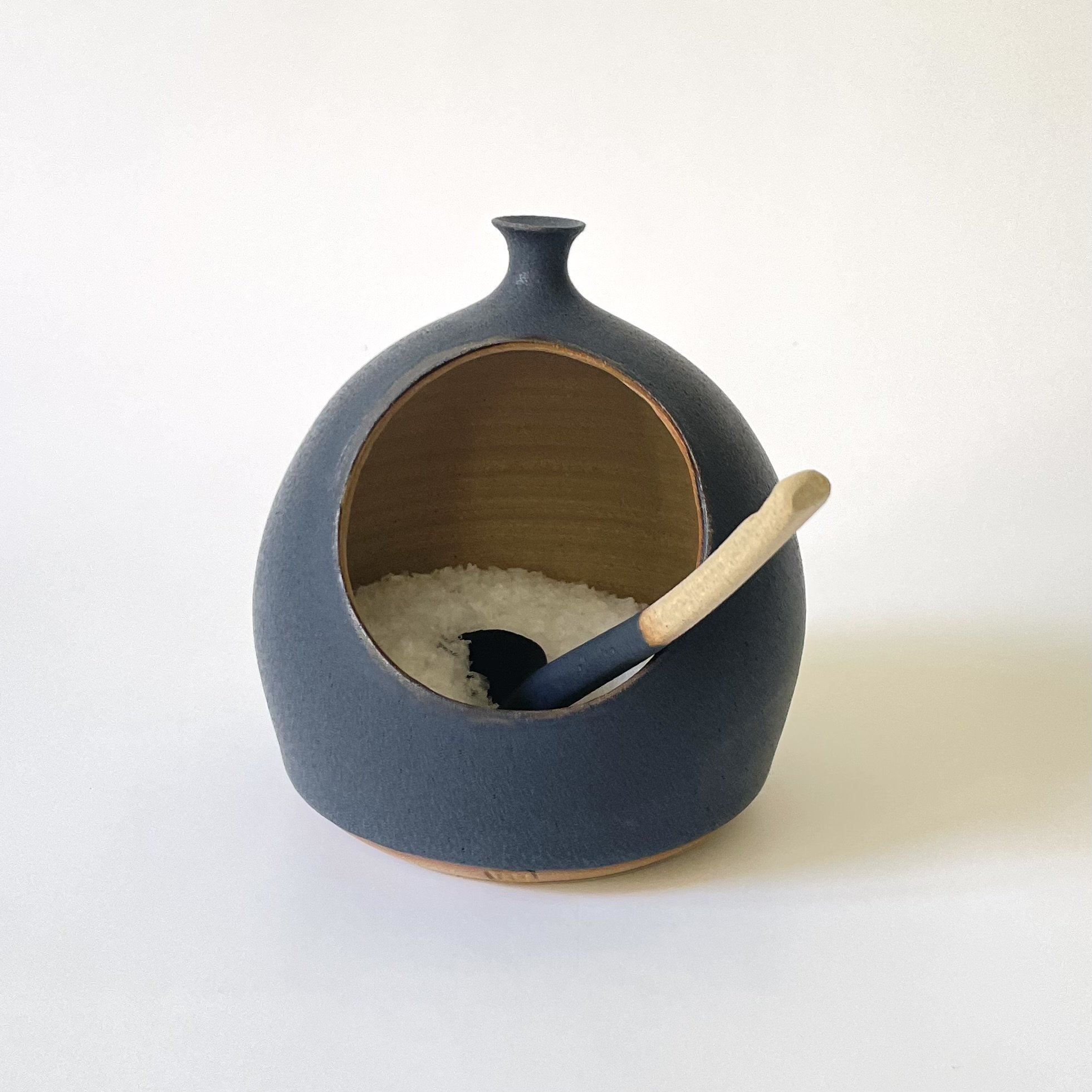 Hand thrown stoneware salt pig and spoon 2