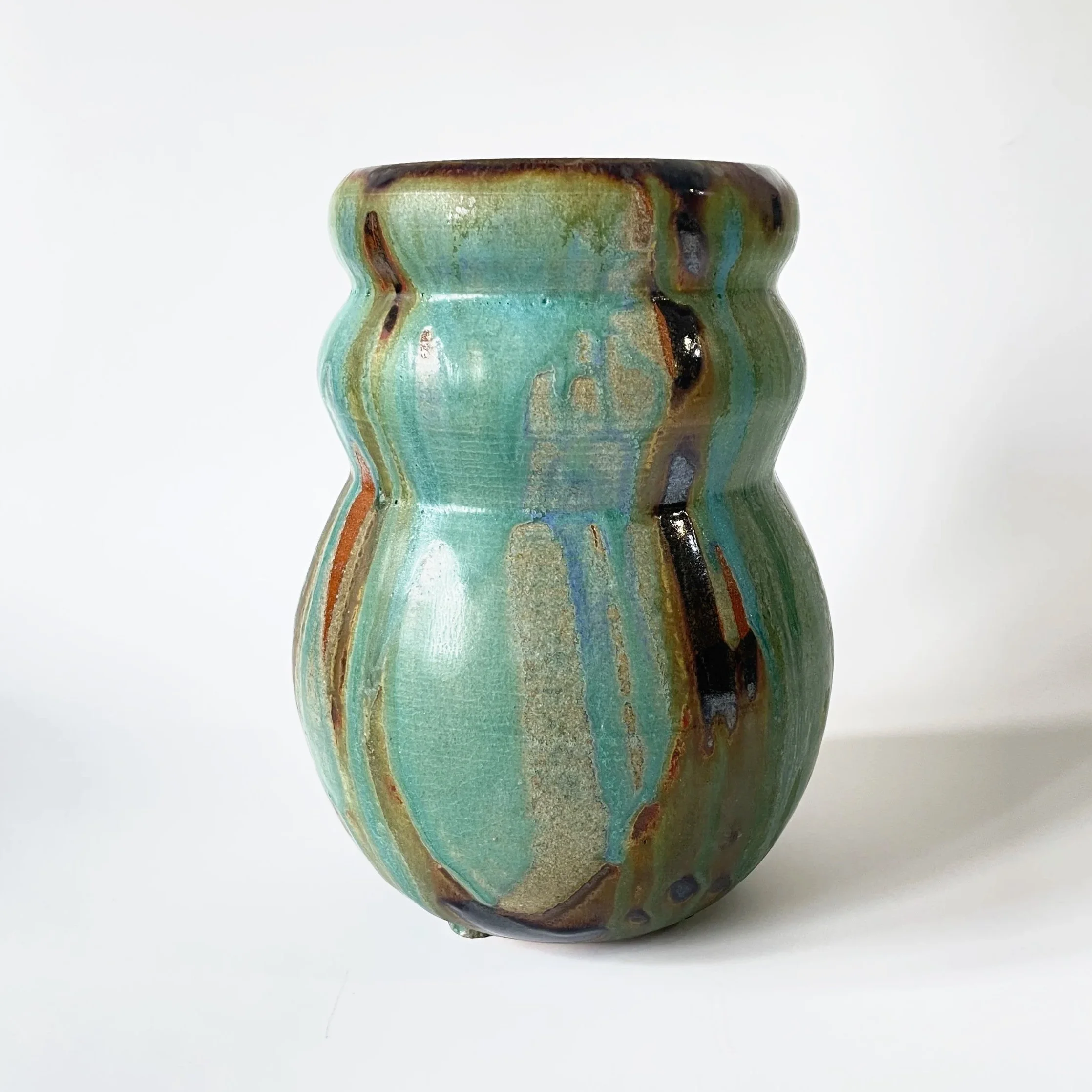 Stoneware bubble vase in tenmoku and turquoise hand thrown