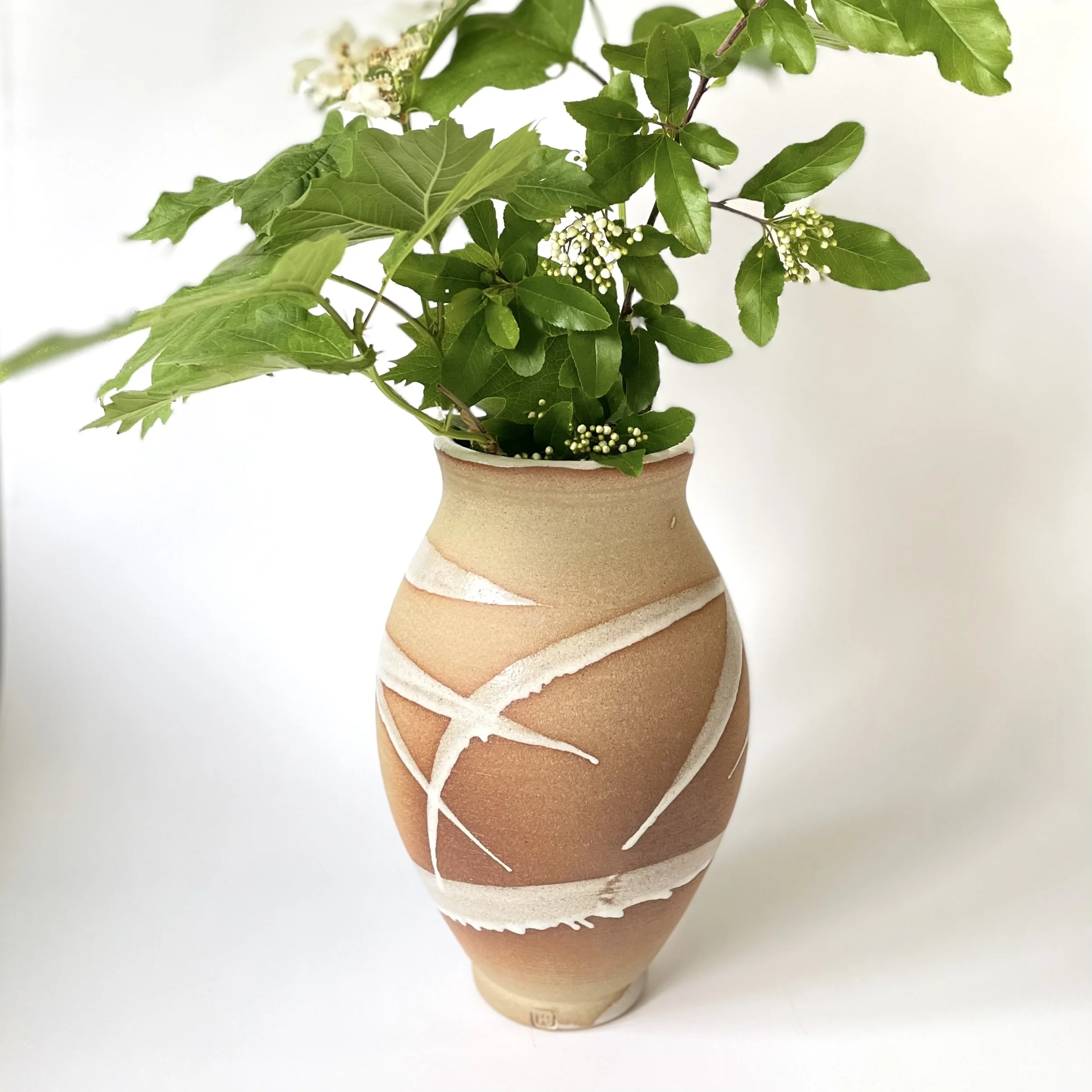 Stoneware vase glazed in white bamboo mark making 6