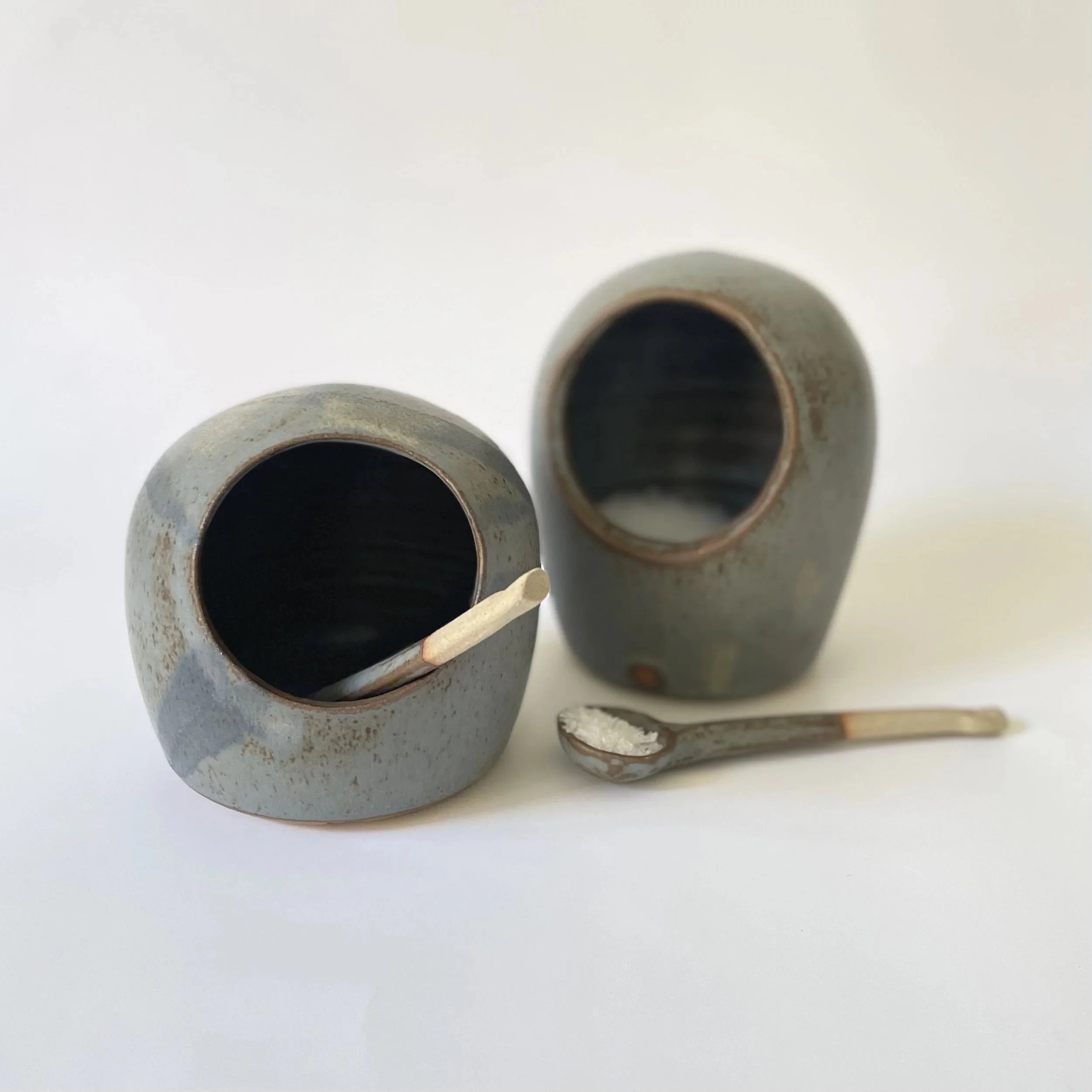 Stoneware salt pigs and spoons glazed in granite 1