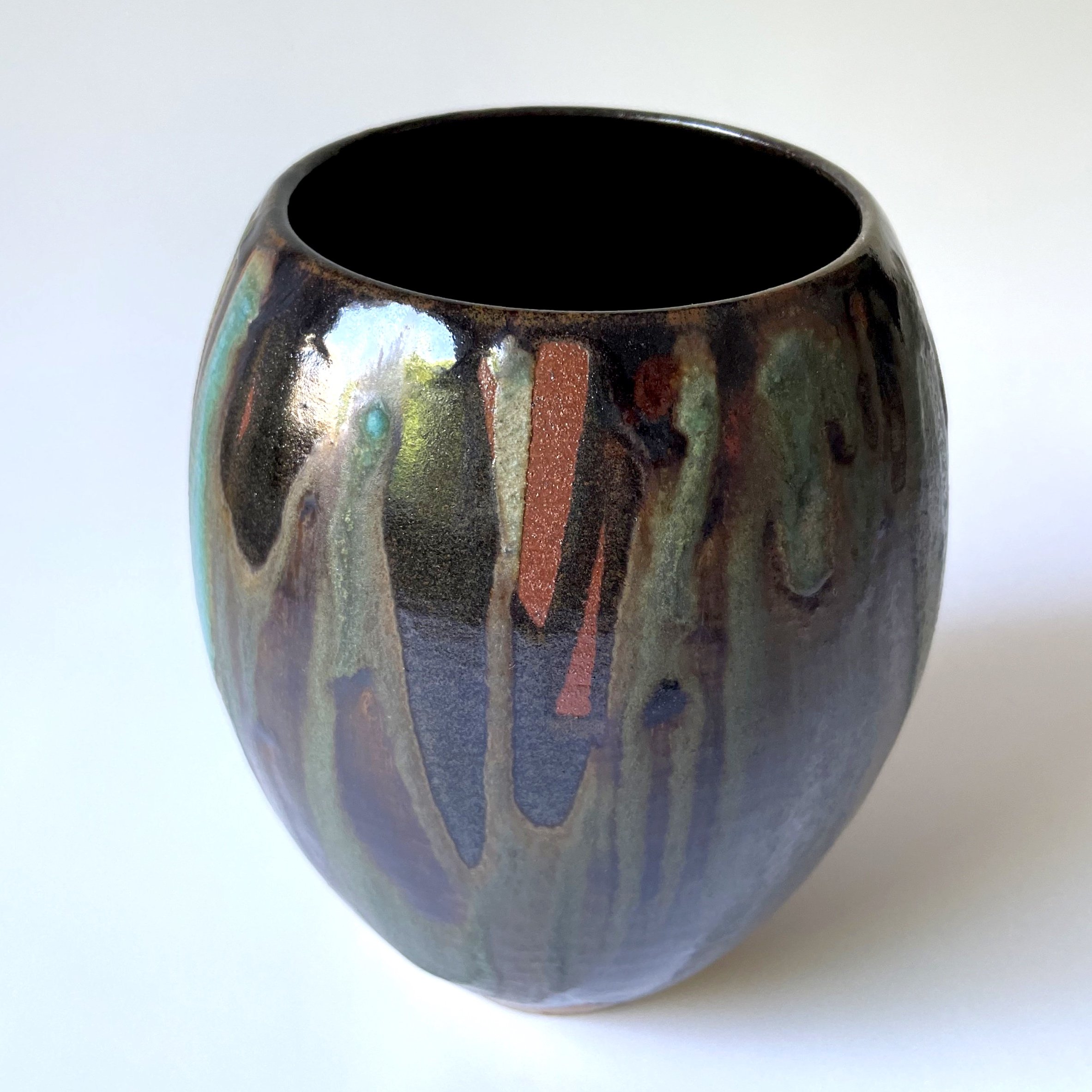 curved stoneware vase glazed in tenmoku and turquoise hand thrown 4