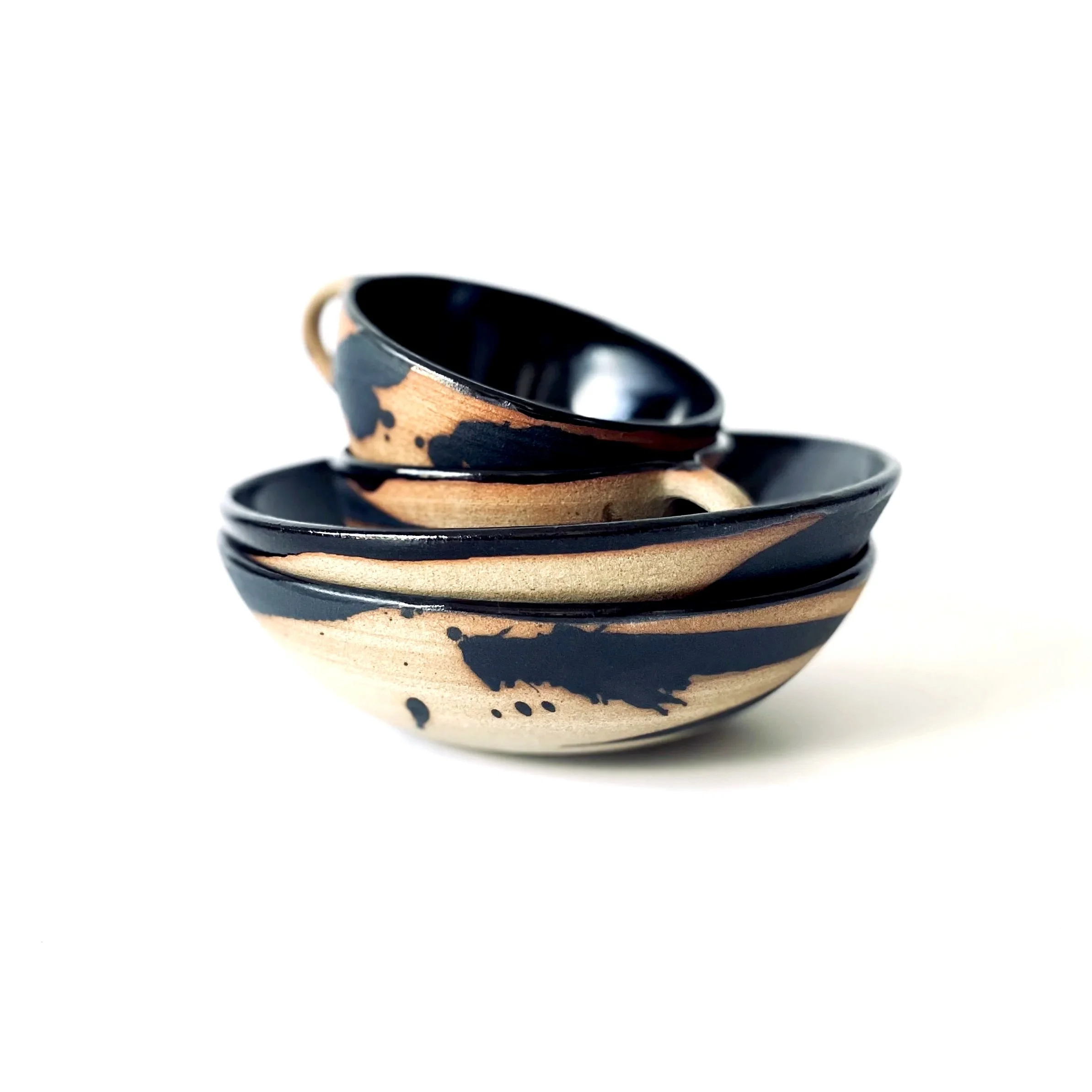 Hand thrown stoneware cups glazed in tenmoku and charcoal mark making 5
