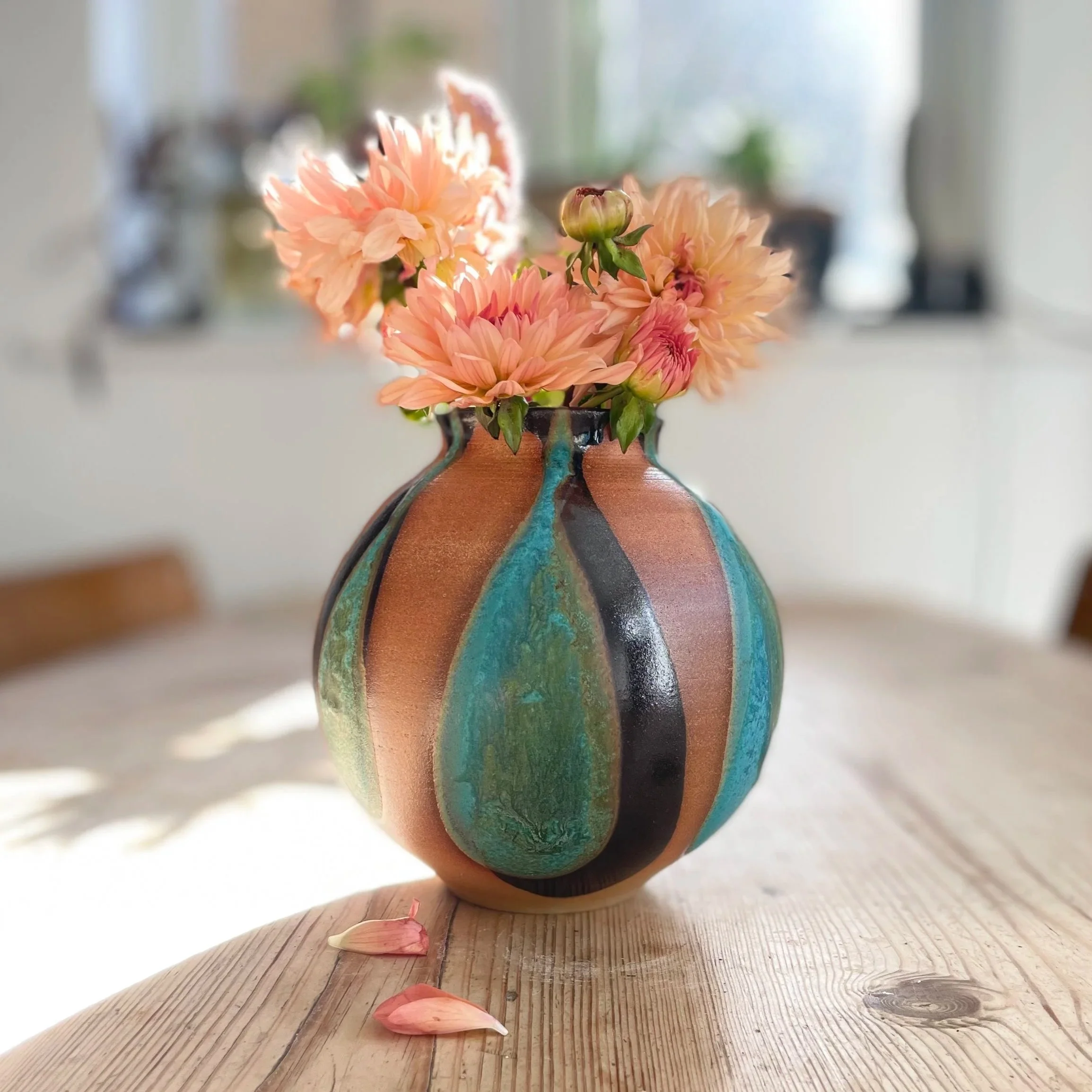 Stoneware hand thrown moon jar vase glazed in tenmoku and turquoise 1