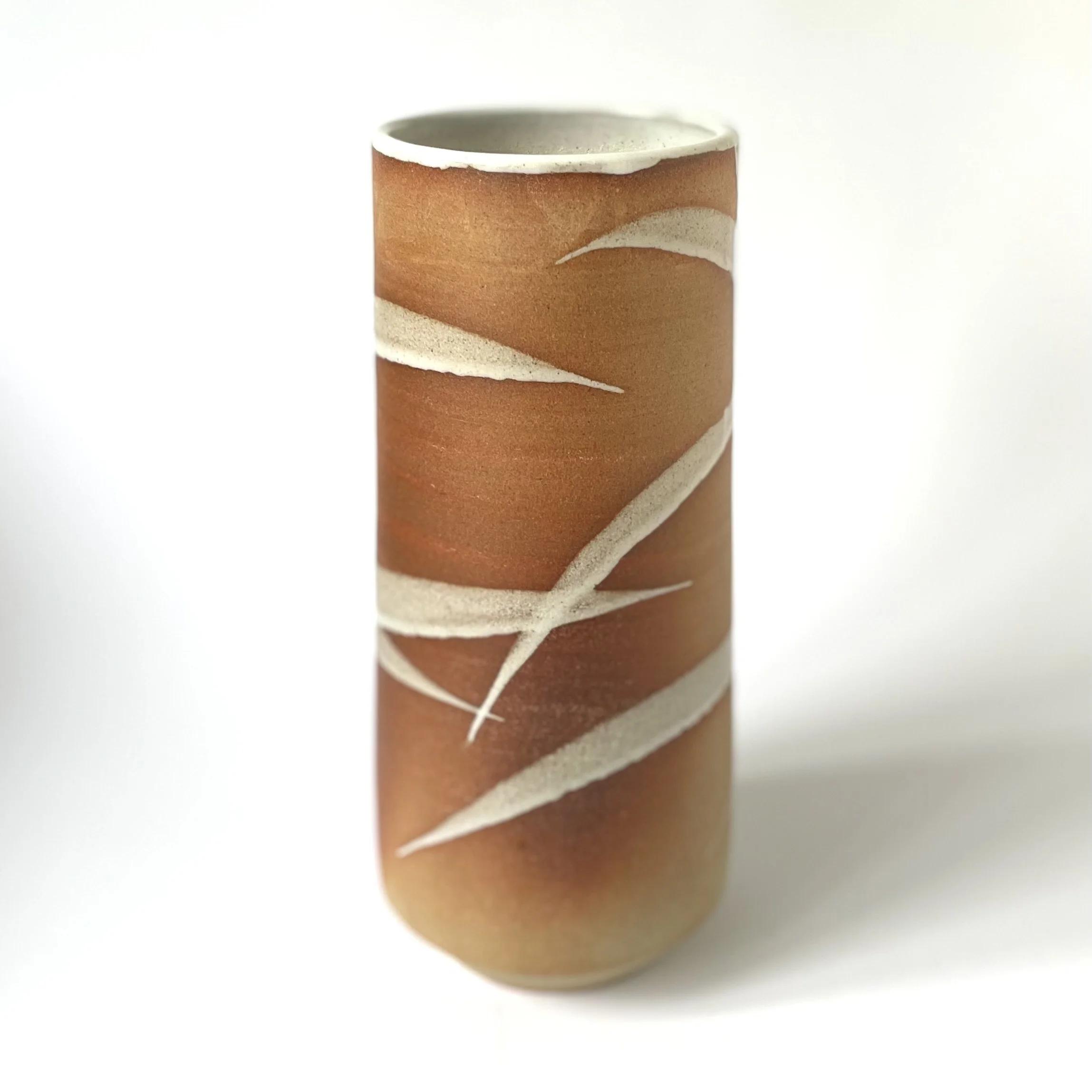 Large stoneware vase in white banboo mark making design 1