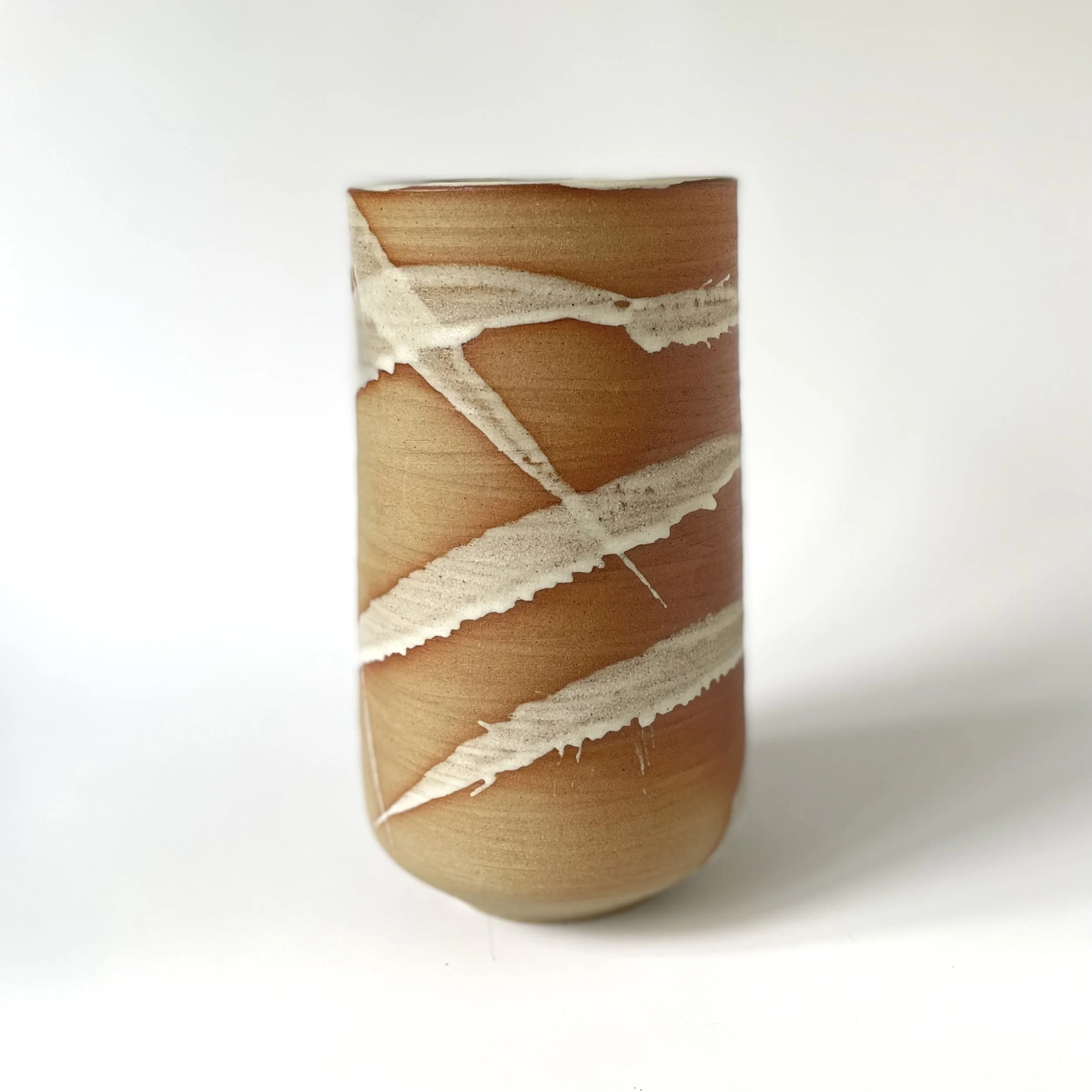 Stoneware vase with white  bamboo mark making design 2