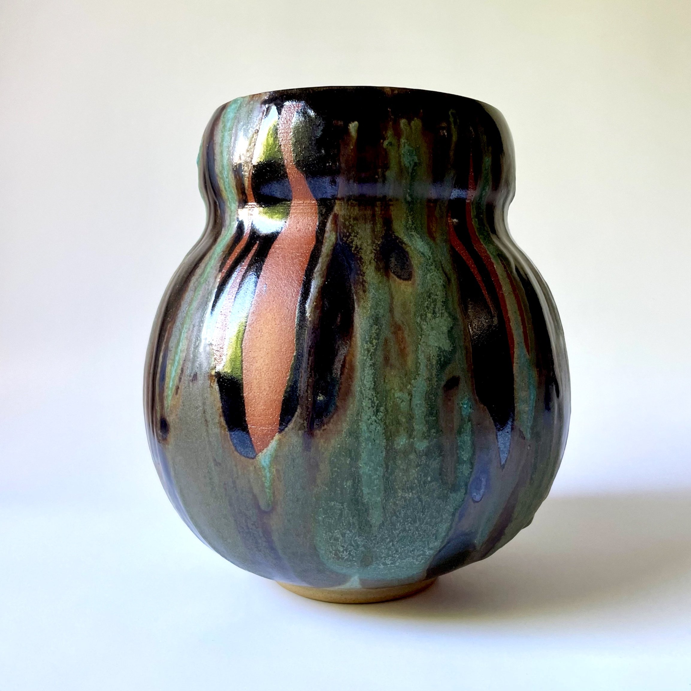 Hand thrown stoneware belly vase in tenmoku and turquoise 2