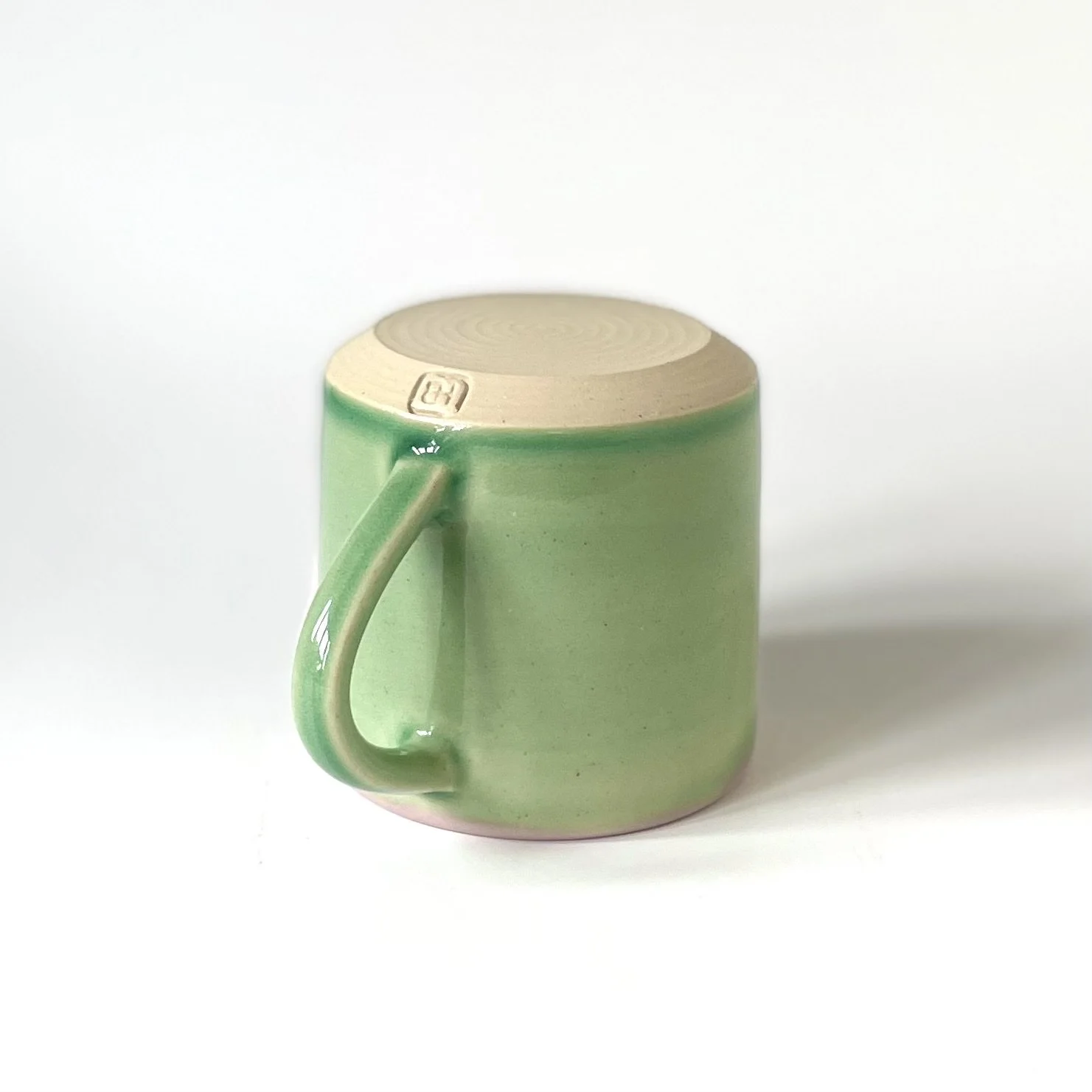 pink and green flat white hand throiwn stoineware cup 3